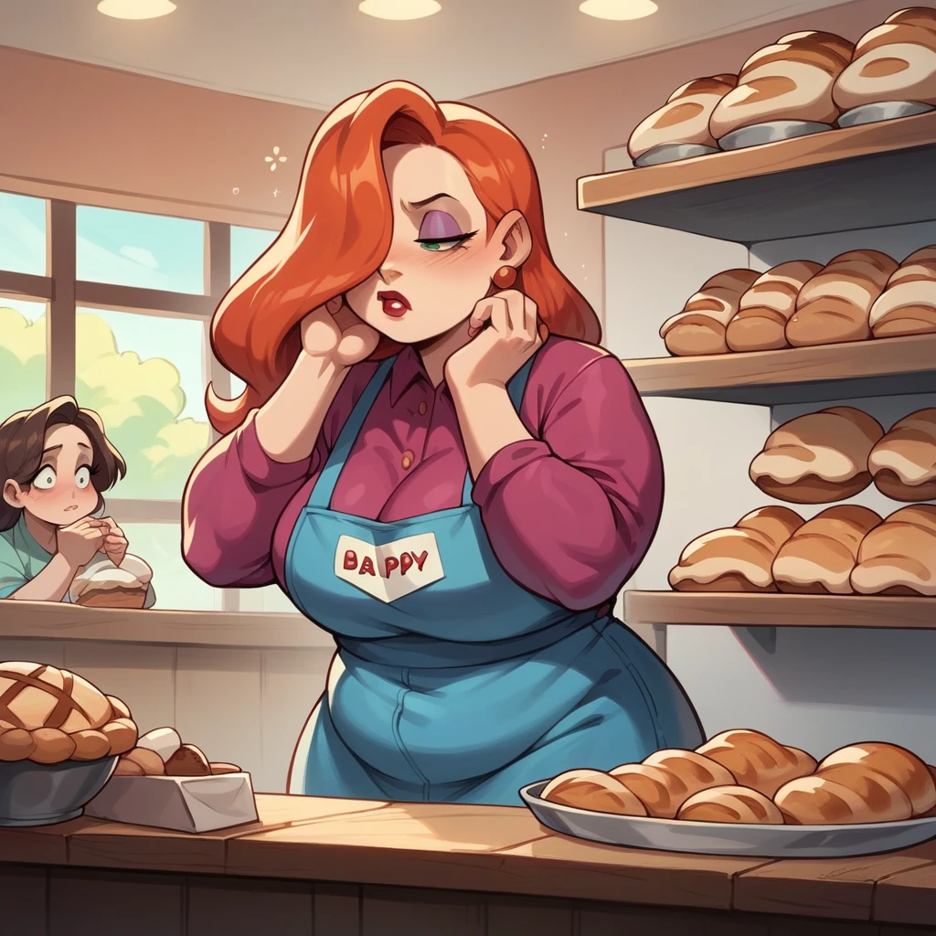 Jessica Rabbit is bored working in a bakery. She wears a light blue apron, she has big tits and a big ass, people are buying bread