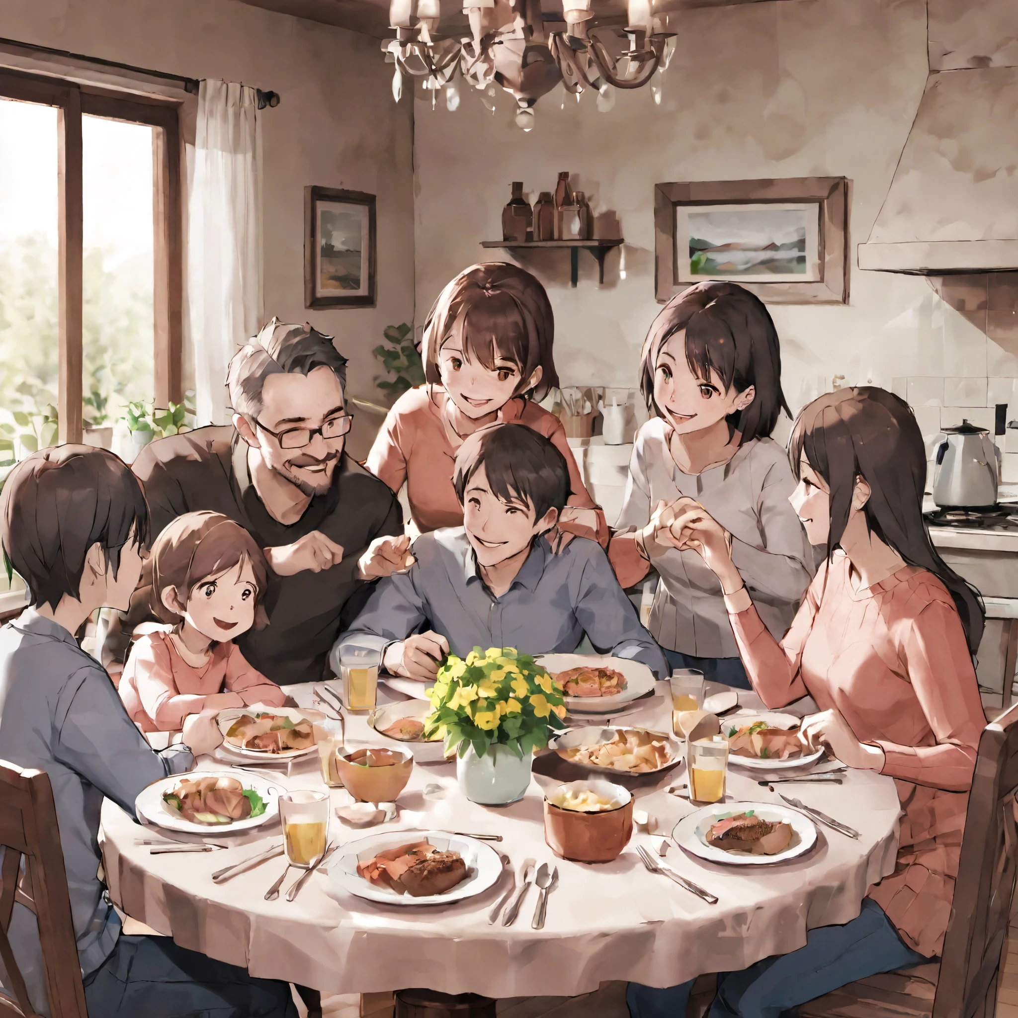 "Create a heartwarming Studio Ghibli-style scene of a family gathered around a dinner table. One of the daughters, now a young adult, is standing beside the table, raising her wine glass in a toast. The rest of the family, including her parents, siblings, and their spouses, are seated around the table, smiling and raising their glasses in response. The scene is filled with warmth and joy, with soft lighting illuminating the cozy dining room. The table is adorned with delicious food, and the background features detailed elements like wooden furniture, family photos on the walls, and the soft glow of evening light filtering through a nearby window, creating a festive and intimate atmosphere."