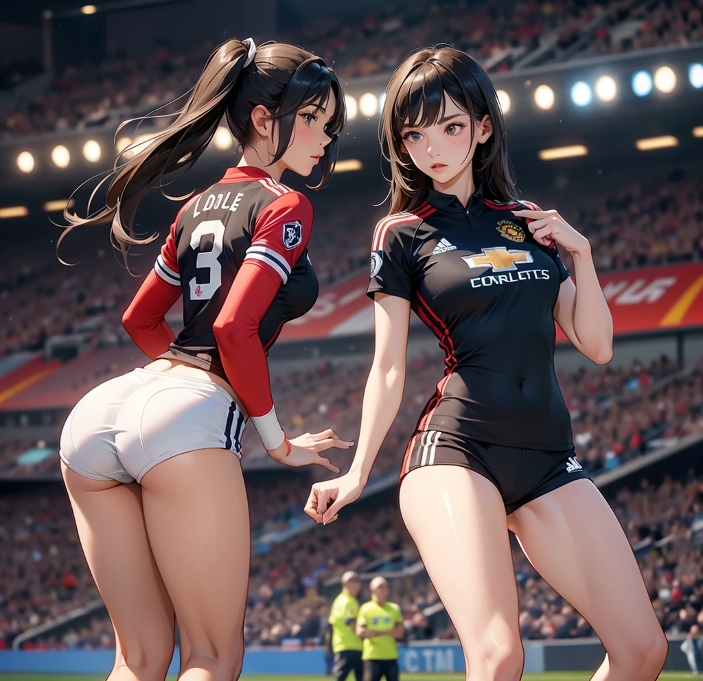 1girl, long hair, smile, hairstyle, ((Germany sleazy football shirt)), top and bikini, big breasts, big ass, (curvy), professional makeup, necklace, football stadium vacation, dynamic light, dynamic angle, (seductive poses), beautiful curves