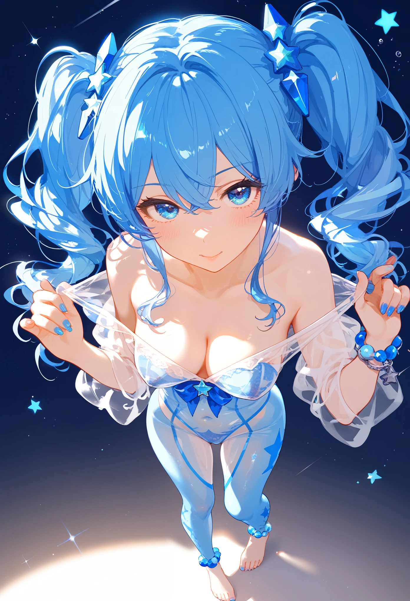 score_9, score_8_up, score_7_up, inzaniak
1girl, Alone, blue star,Twin tails,See-through,Top view,Standing on a white floor,See-through,Blue light pattern,See-through bodysuit with sexy design,Transparent skin,胸元にblue starのデザイン,See-through bodysuit,Shiny bodysuit,sexy,Big blue light bracelet,Big blue light anklet,Blue light accessories that dig into your thighs,Accentuated chest,Accentuated chest shape,Close-up of face and chest,