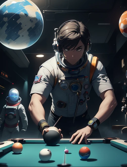 arafed astronaut playing pool with a ball and a cue, astronaut, astronaut below, astronaut, floating next to the planets, creepy astronaut, 🚀🚀🚀, 🚀🌈🤩, Outer space, Whistle masterpiece, Outer space, المشي in space, Whistle. Hyperrealism, an astronaut, in space, Space theme, detailed astronaut, floating in Outer space