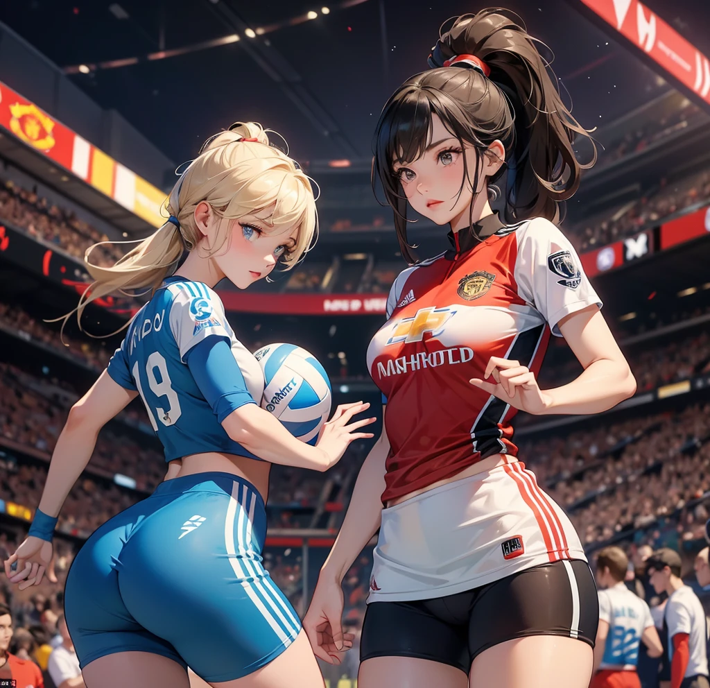 tmasterpiece,best qualtiy:1.4),Smooth movement,(4girl),(highest details),lacepantyhose,without wearing shoes,full bodyesbian,See the feet,Expose your feet,vests,soccer court,contest,Dribble,Players,player,peeping at the viewer,Large viewing angle,jumpping,face to face,antagonism,defend,short detailed hair,Tackle interception,Collision