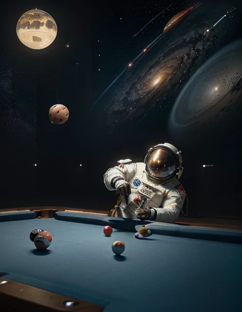 arafed astronaut playing pool with a ball and a cue, astronaut, astronaut below, astronaut, floating next to the planets, creepy astronaut, 🚀🚀🚀, 🚀🌈🤩, Outer space, Whistle masterpiece, Outer space, المشي in space, Whistle. Hyperrealism, an astronaut, in space, Space theme, detailed astronaut, floating in Outer space