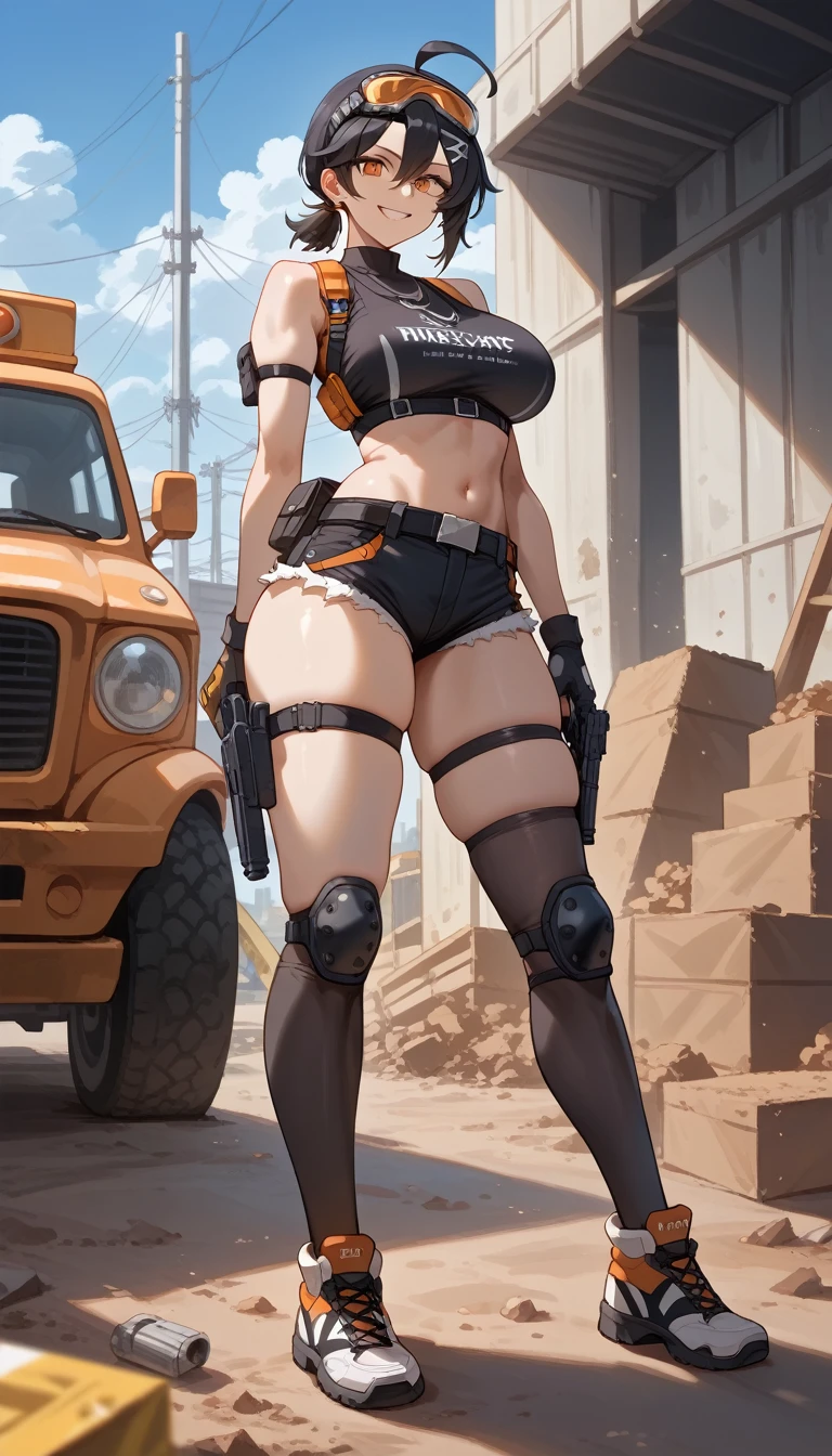 ultra-detailed, 1girl, grace, Zenless Zone Zero, (best quality), ((masterpiece)), (highres), 16K, orange eyes, perfect face, short hair, black hair, low ponytail, ahoge, goggles on head, wearing black crop top, wearing bootyshorts, black thighhighs, thigh straps, knee pads, holster, asymmetrical gloves, belt, sports shoes, busty body, large breasts and a beautiful ass, showcasing cleavage, legs, hips, gun, holding gun, looking at viewer, smile, detailed full body, thigh details, construction site background