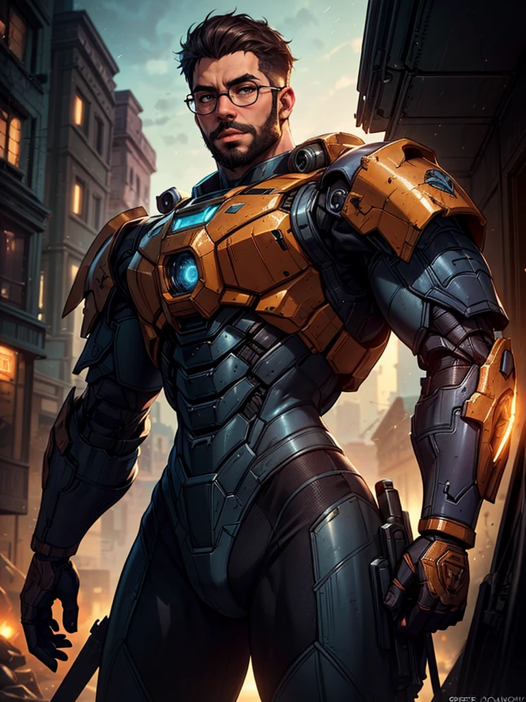 A **portrait photo** of a **muscular bearded guy** wearing **glasses** and a **worn mech suit**, with intricate details of **steel metal with rust**. The background features a soft **light bokeh** effect, creating depth and contrast. The photo is **sharp focus** on his detailed face, with **elegant composition** and **soft lighting**. The **vibrant colors** bring out the textures of the mech suit and the streets around him. This masterpiece is inspired by **Greg Rutkowski's** style, highlighting the roughness of the mech suit against the soft lighting. **(muscular, beard, glasses, mech suit, steel metal rust, light bokeh, elegant, sharp focus, Greg Rutkowski, vibrant colors, streets, soft lighting, detailed face)**.