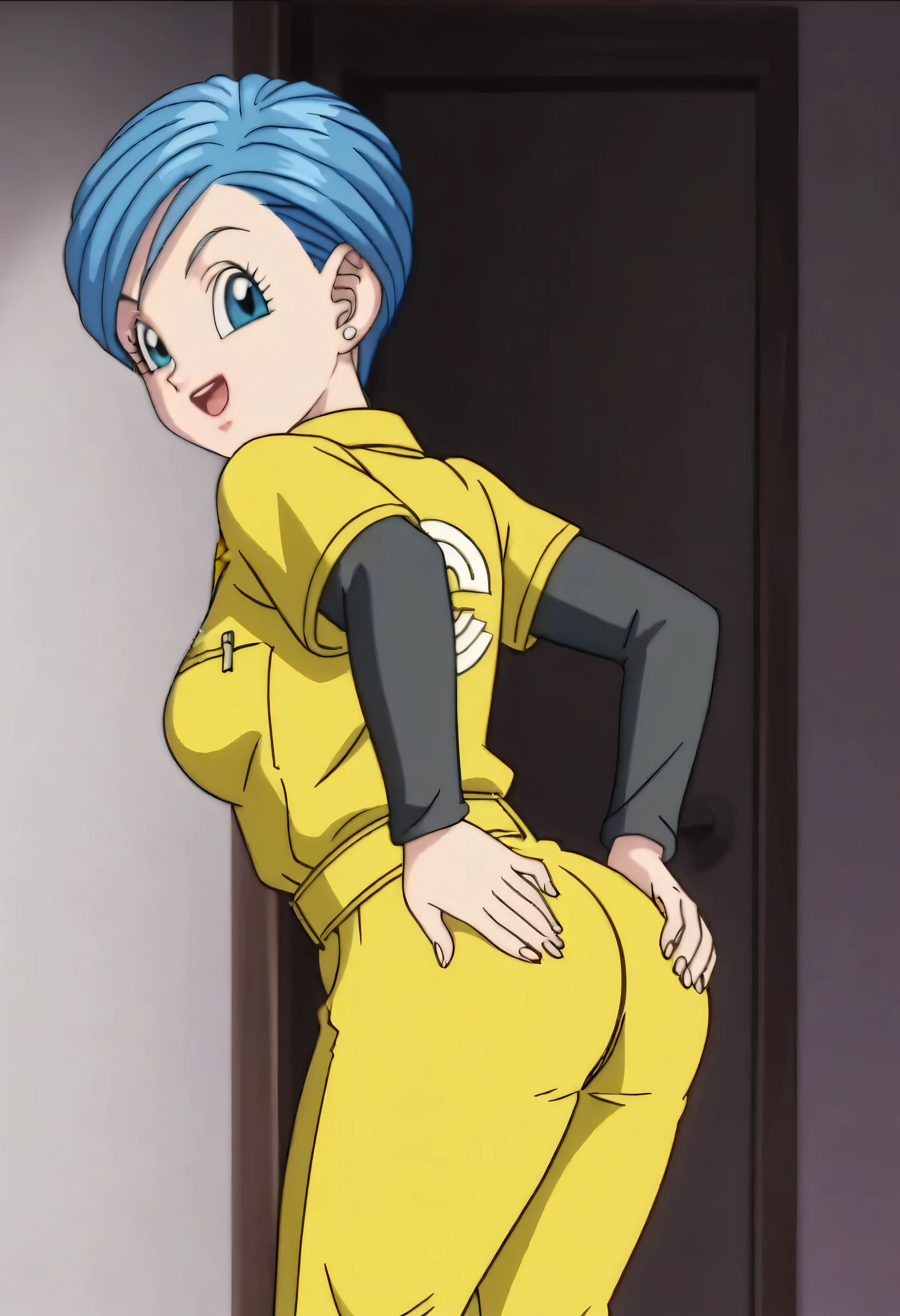 source_anime, score_9, score_8_up, score_7_up, anime screencap,
Namek saga, bulma, 1girl, solo, breasts, profile, no expression, short hair, aqua hair, fringe trim, blue eyes, standing up, tank top, light gray panties,bend over, sexy, (((close up))), ((spaceship)), back, red headband, metal plates, red tiled floor, undressing, underboob, no pants, (thick thighs), bathroom, big ass