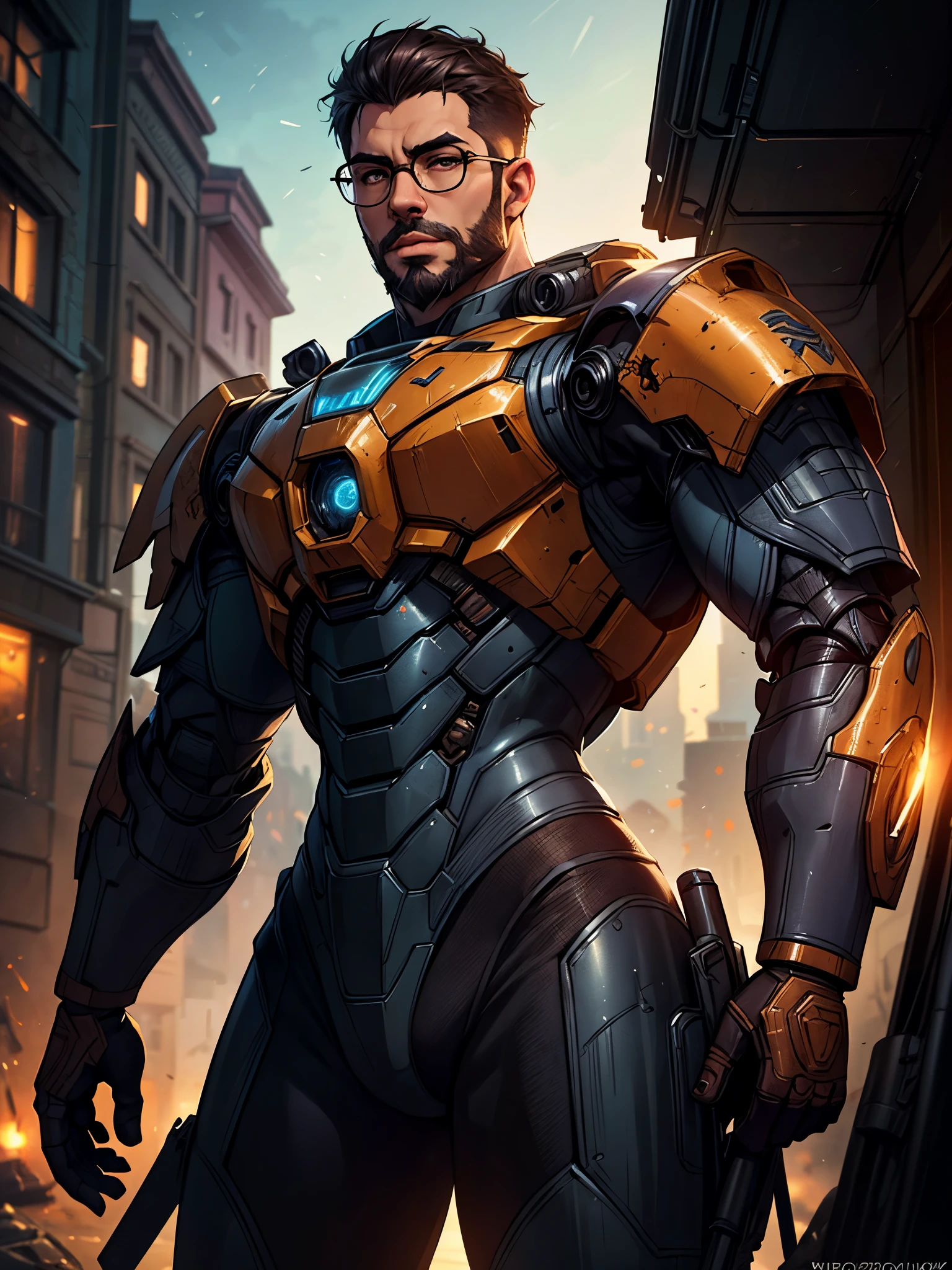 A **portrait photo** of a **muscular bearded guy** wearing **glasses** and a **worn mech suit**, with intricate details of **steel metal with rust**. The background features a soft **light bokeh** effect, creating depth and contrast. The photo is **sharp focus** on his detailed face, with **elegant composition** and **soft lighting**. The **vibrant colors** bring out the textures of the mech suit and the streets around him. This masterpiece is inspired by **Greg Rutkowski's** style, highlighting the roughness of the mech suit against the soft lighting. **(muscular, beard, glasses, mech suit, steel metal rust, light bokeh, elegant, sharp focus, Greg Rutkowski, vibrant colors, streets, soft lighting, detailed face)**.