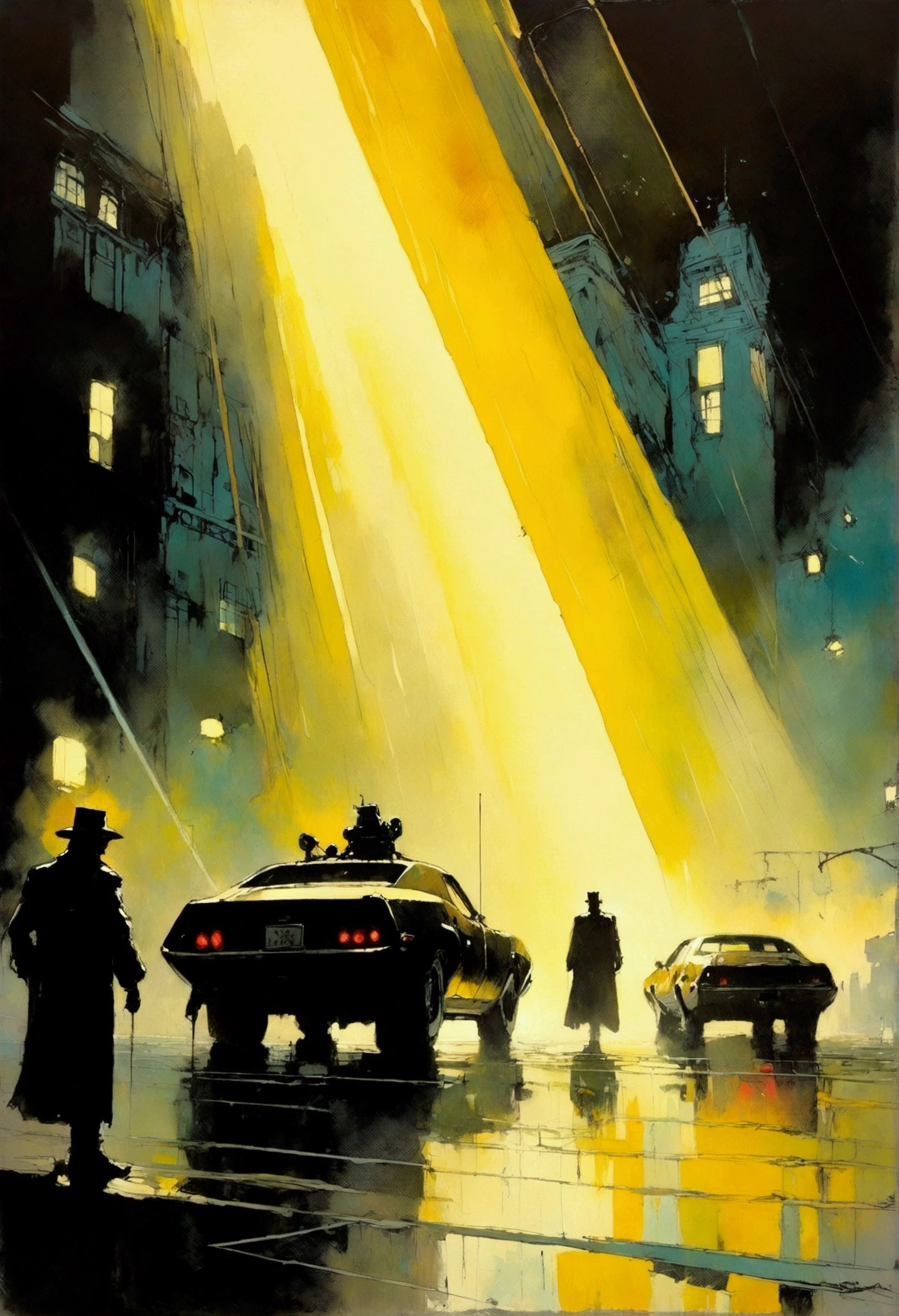 (Best quality),(masterpiece),(ultra detailed),(high detailed),(extremely detailed),vintage landscape beautiful painting of cinematic movie scene from blade runner ( 2 0 1 9 ). police detective in a decayed gas station with rotting human bodies. extreme plus resolution fantasy concept art. 4 k award winning painting by alphonse mucha and frank frazetta