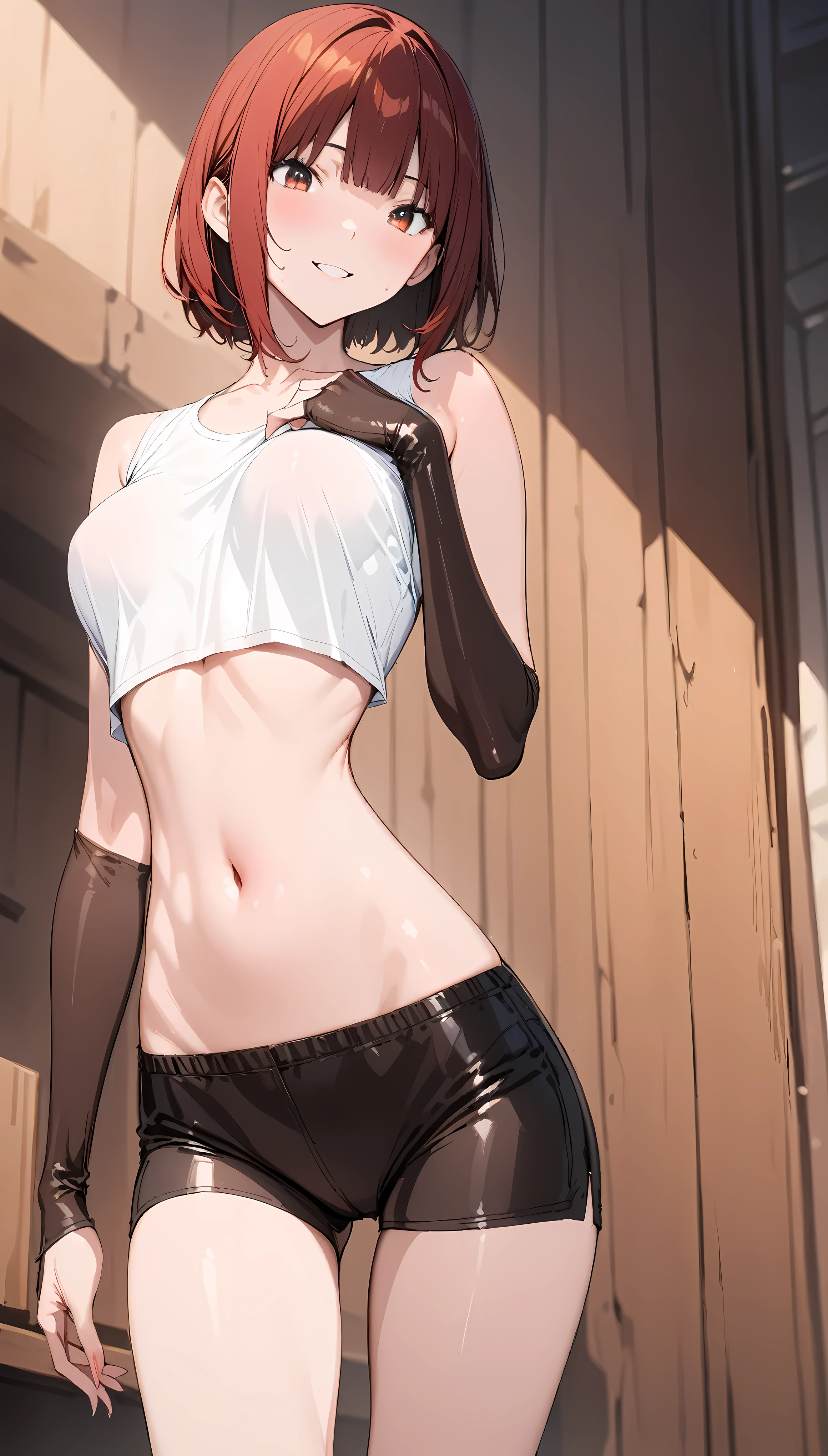 ((masterpiece,Best Quality:1.3,best quality illustrations)),cowboy shot,portrait,1woman, adult,(short bob cut hair,red hair,small head, long bangs between eyes, red eyes,(gorgeous eyes), Impish Smile, long body,medium breasts,(Boxer、white T-shirt,navel、Leather shorts)、Leather Gauntlets、slender body,toned body,gleaming body,Amphitheatre、