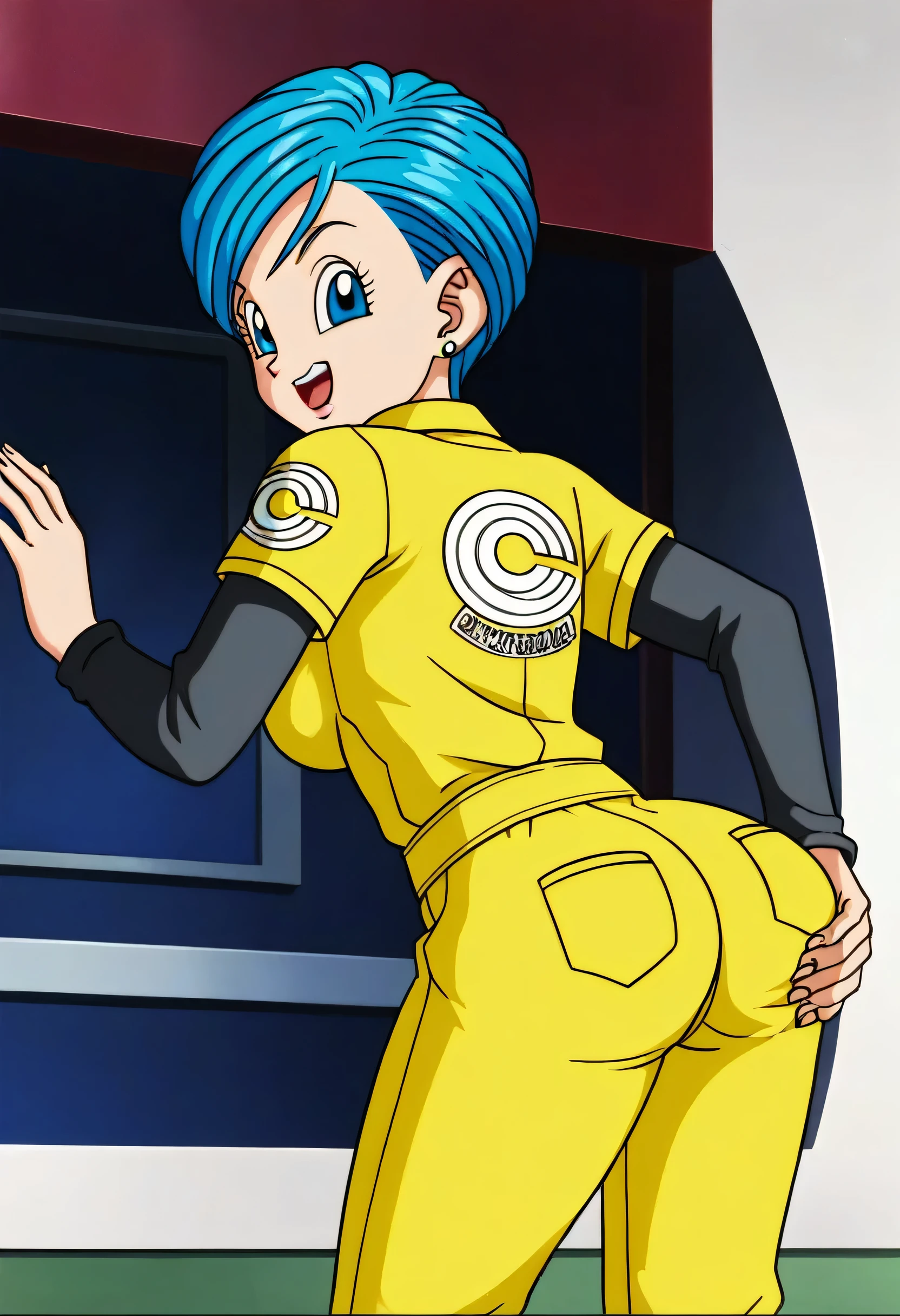 source_anime, score_9, score_8_up, score_7_up, anime screencap,8k, from aside, absurd res, bulma, 1girl, solo, breasts, smile, short hair, open mouth, blue eyes, jewelry, blue hair, earrings, cowboy shot, belt, girl slapping her own ass, looking at ass, yellow jumpsuit, black undershirt, short over long sleeves, leaning forward, from aside, layered sleeves