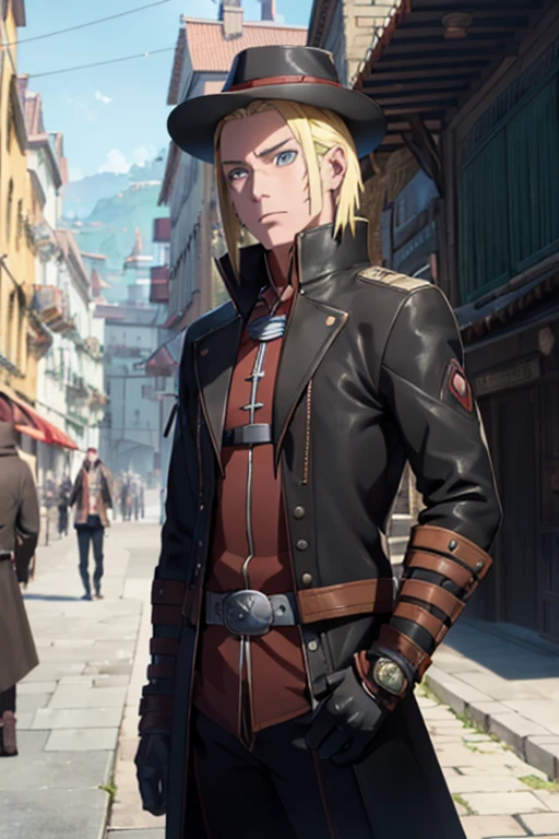 style of shonen anime artwork, The proportions are correct,Face details,highly detailed eyes,hairstyle,Neck details,clothes details, tracking,Ray traching,detailed glow,cg render,hair detail, accurate, professional, Uzumaki Naruto , short blonde hair, clear blue eyes, mature man, handsome, age mid 40s, ((Boruto Version)), (( Castlevania Clothes)), Vampire Hunter, (Black leather jacket, red scarf, wide brimmed traveler's hat, a faded black long coat, wearing a blue pendant and a combat utility belt, Trousers, combat boots), also noted he carries a curved Longsword strapped on his Back, (best quality 1.5), outdoors, Castle Dracula, Full moon, Wallachia, Looking at Viewer,  correct posture, (masterpiece 1.4), (thicker lines), ( Digital Painting, Hyperrealistic Style), ( Cowboy shot) , 8k wallpaper, color fix, perfect light, perfect hands, 1boy, nice fingers, Solo, Top-quality of the best, full body,full_body artwork, Full body design, --niji 6 --Stylize 200