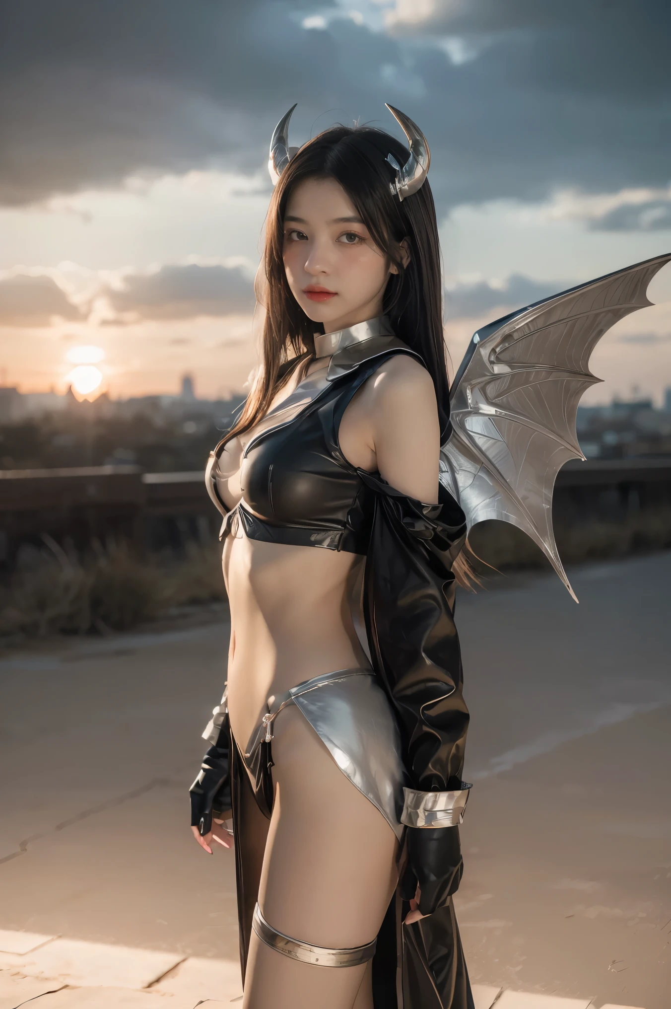 ((masterpiece, best quality, extremely detailed), volumetric lighting, ambient occlusion, colorful, glowing), 1girl, solo, young girl, (dark hair), long hair, horns, aura, devilish, goddess, cleric suit, (black outfit with silver detailst:1.3), devil wings, outdoors, sunset, sky, clouds, space, (fantasy theme:1.2),