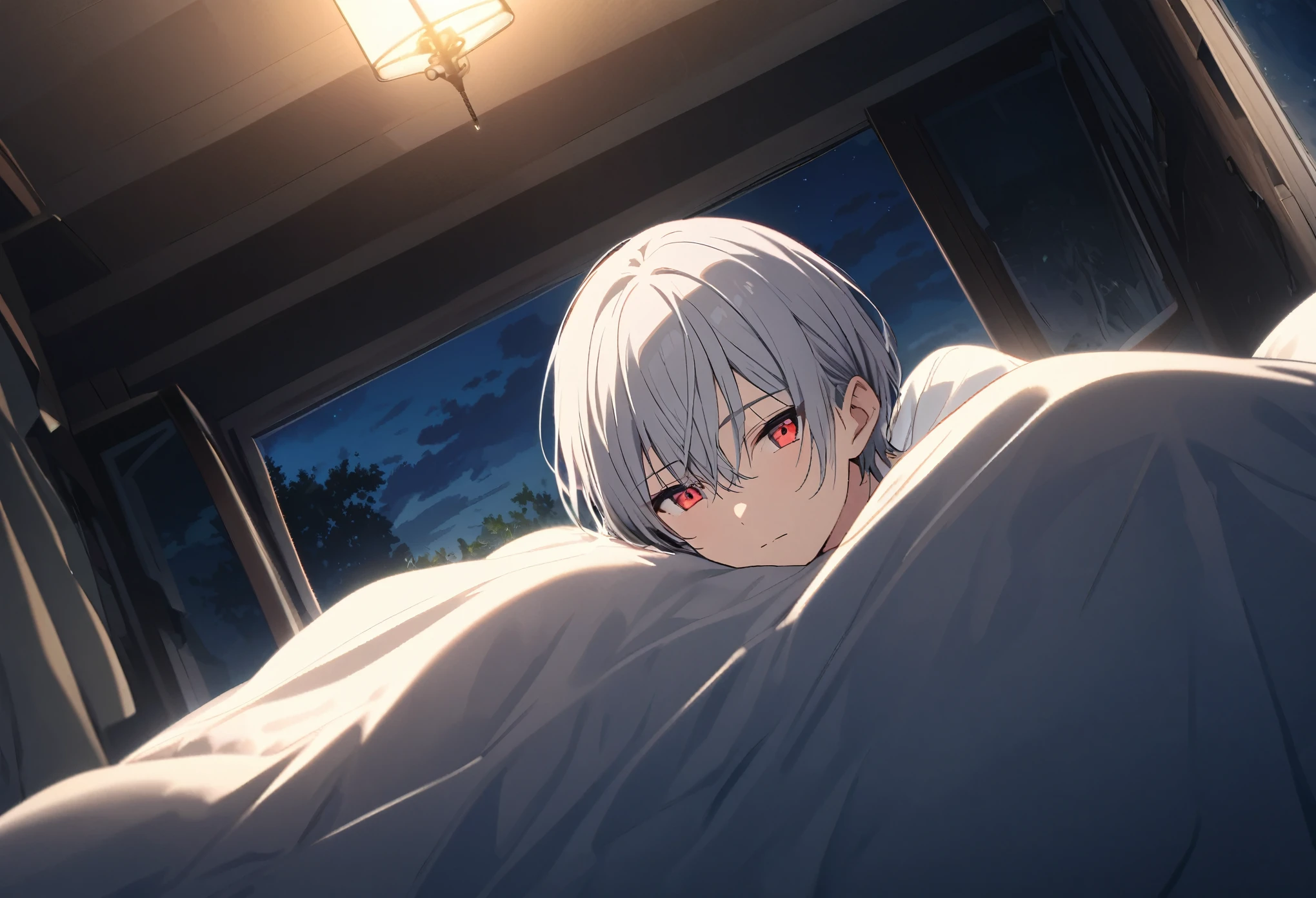 good looking, Alone, 1 male, Gray Hair, Red eyes, , night, White Light,cute目,Short hairstyle,cute,Falling from the sky,Beautiful summer sky,Lots of white clouds,nightの部屋,A sparkling view,bright,Inside the room,Looking at the camera,Bed scene,Lying in bed,Place to sleep,