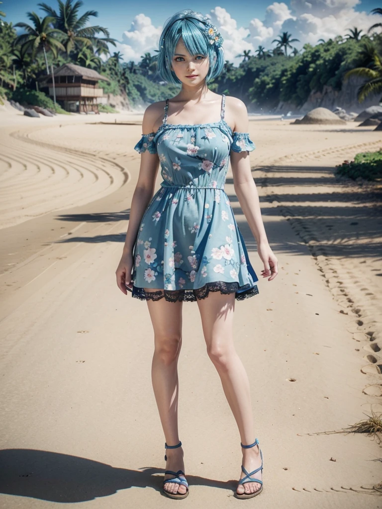 Nico, short blue hair, blue eyes, best quality, casual dress, 1 , High resolution,  full body, wearing a short floral dress with lace, wearing black sandals, on a beach 