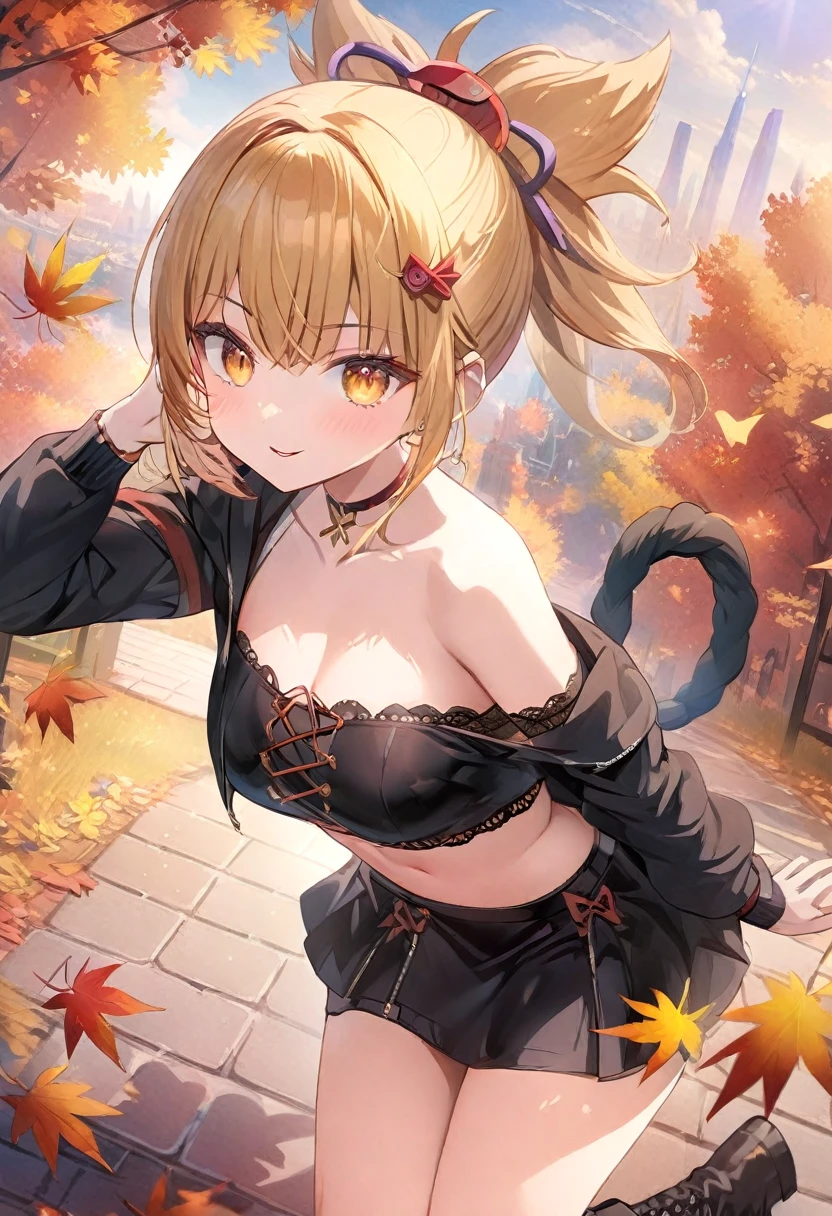 (best quality, masterpiece), 1women ,4k, 8k, uhd, hdr, detailed background, beautiful detailed eyes, long hair,Autumn outfits, Fashion Snap, (), Cropped lace detail top（black）,off-shoulder knit, jacket, a miniskirt, boots, rcasual, , Dynamic pose, (whole bod)y,1girl, blonde hair,ponytail, hair ornament,yellow eyes, solo, 1 person solo, 1 person, (\xiao gong\)