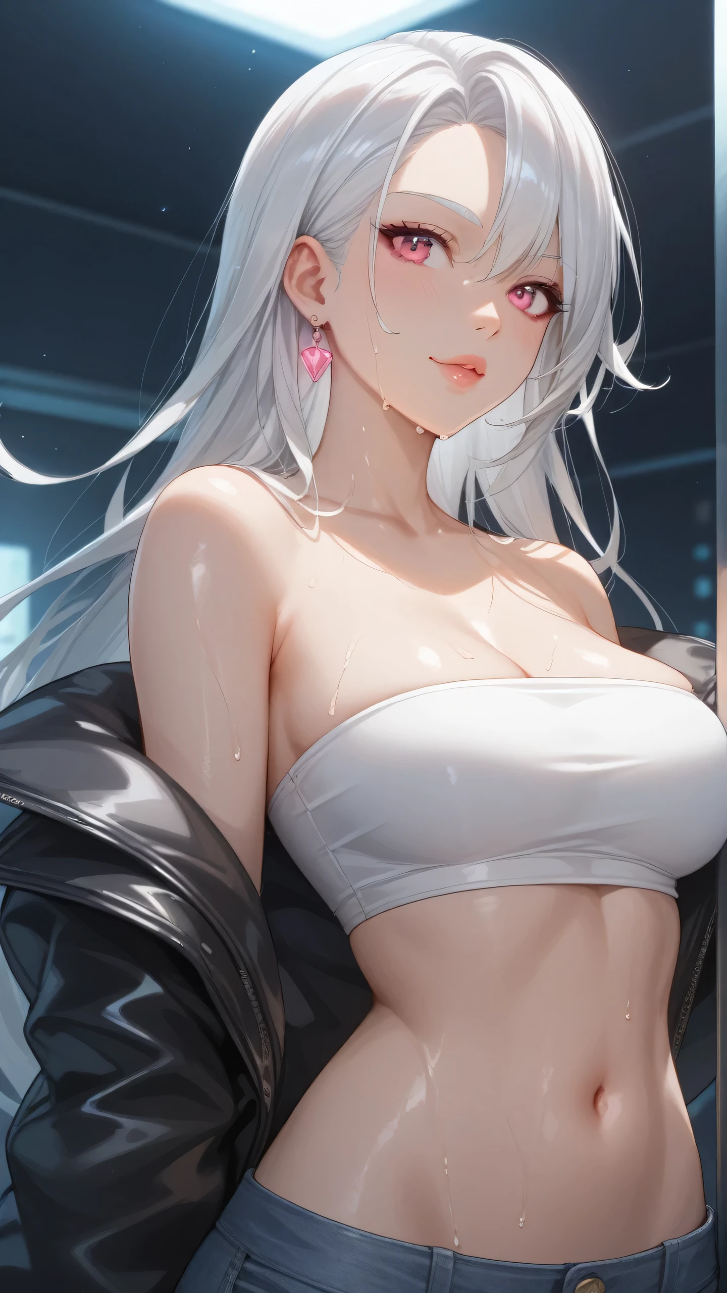 score_9, score_8_up, score_7_up, 1girl, solo, choco skin, long silver natural hair with side-swept-hairstyle, pink eyes, white eyelash, white eyebrows, upper body, white hair, tube top with leather jacket, navel, (low-waist-micro-hot-pants), blurry, lips, wet, corridor, view from behind, facing viewer, three quarter view, dynamic angle, disco night club background, vibrant color