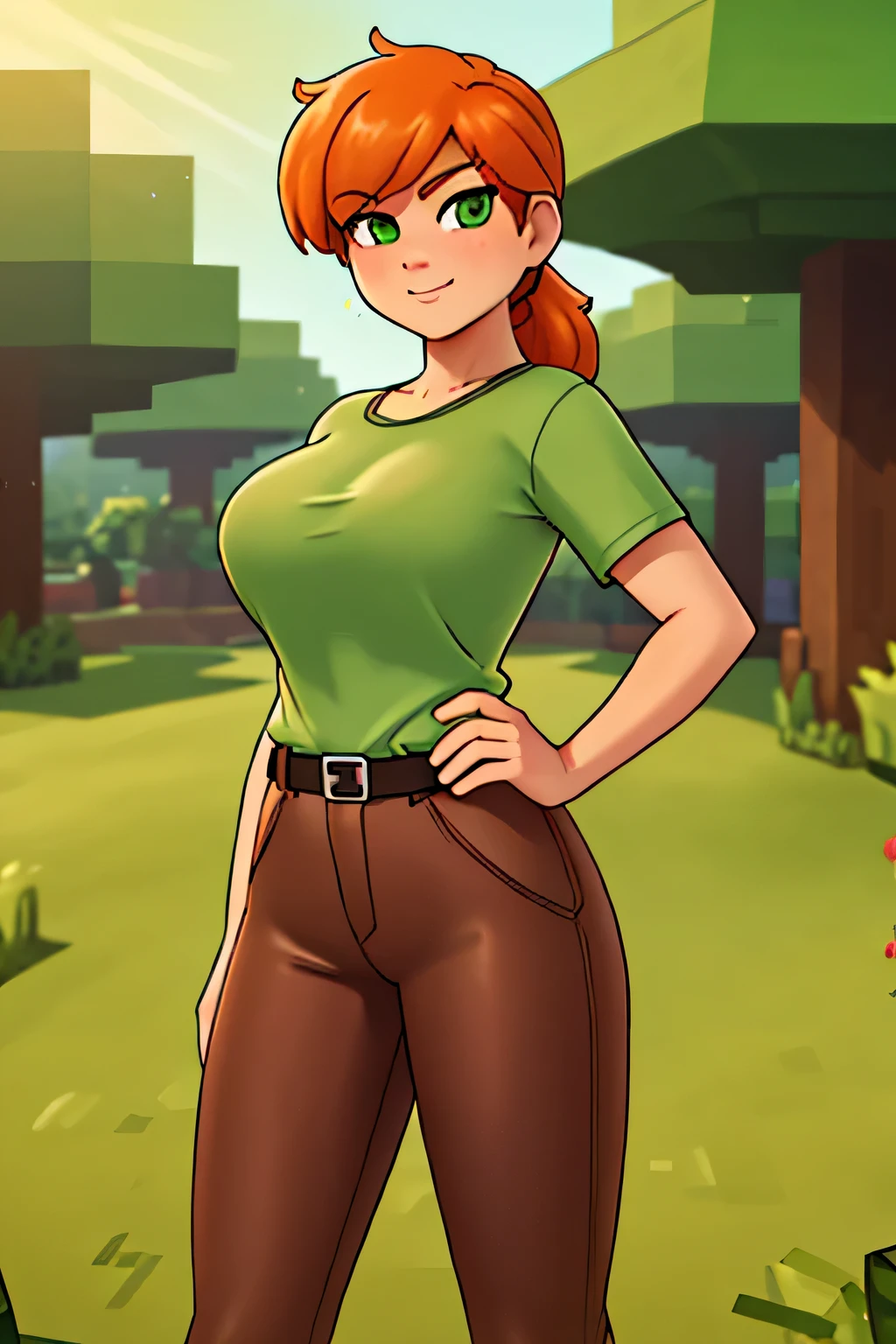 close up 1girl in, photo of Alex, Alex Minecraft, Solo, (messy orange hair, short ponytail over left shoulder, thick Ginger hair, (green eyes: 1.2), (perfect clear skin, pale skin, detailed skin, large breasts, round breasts, perfect body, skinny, thin), (thin hips, thin waist: 1.25), neutral face, mischievous smile, (wearing a green t-shirt, brown bush pants, leather belt, dark leather boots), A rural scene at sunrise with a vibrant green pasture, A gravel path leads through the field, flanked by a wooden fence, leading towards a line of trees on the horizon, Minecraft world, (realistic photo, best quality, detailed), (8k wallpaper), (cinematic lighting, beautiful light, (noon:1.3)) (sharp focus, intricate), (dslr, realistic, looking at viewer, sharp focus, delicate, soft colors, cinematic)