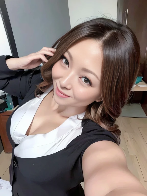 8k, masterpiece, RAW Photos, Best Quality, Realistic, Depth of written border,  (Very beautiful face, Beautiful Lips, Beautiful Eyes), In the classroom, One Japanese woman, 40 years old、teacher、(Very slim figure:1.3),(Big smile:1.3), Clear Eyes, (White skin), (Big Eyes), (Brown Hair、Bun Hair), Rimless Glasses、Normal size breasts、Wearing a dark grey business suit、White camisole inner、Bust up shot、