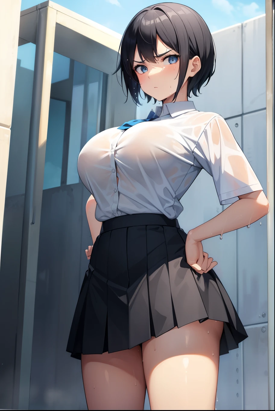 masterpiece, best quality, highly detailed, KeiKsmt-KJ, shirt, skirt, bright eyes, blush, realistic, ass shot, from below