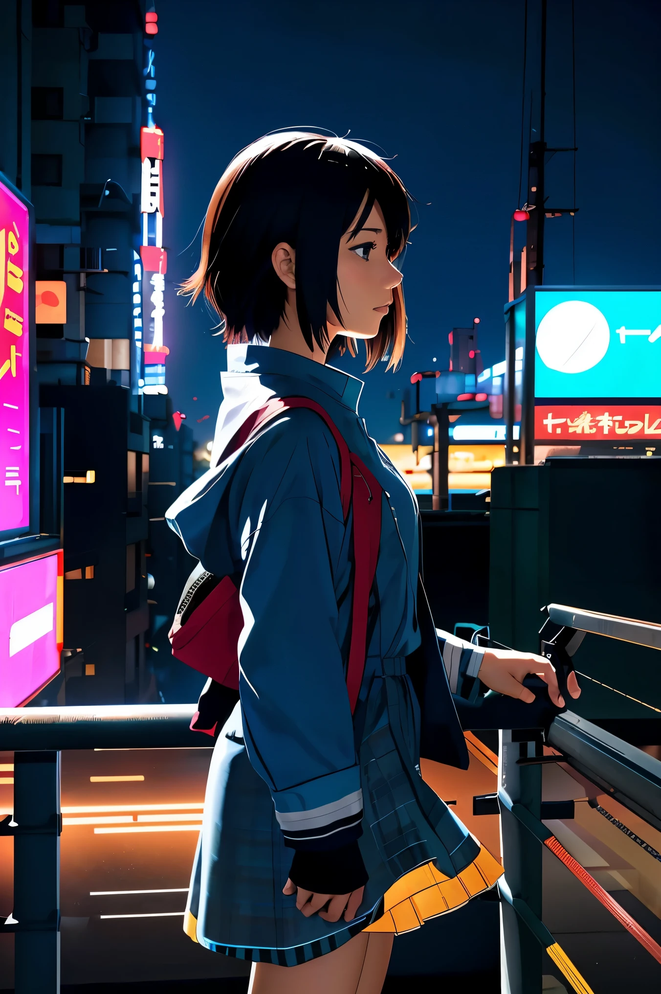 Colorful profile picture of a female character in an anime style. It has distinct characteristics from the anime Oshi no Ko. The scene takes place in a futuristic city with neon lights. The environment is exciting and adventurous. The camera settings are a digital camera with a low ISO setting. The lens is a zoom lens with a medium aperture. The character design is inspired by Japanese illustrator and animator, Akiko Stehrenberger, and photographed by Makoto Shinkai, the director of Your Name
