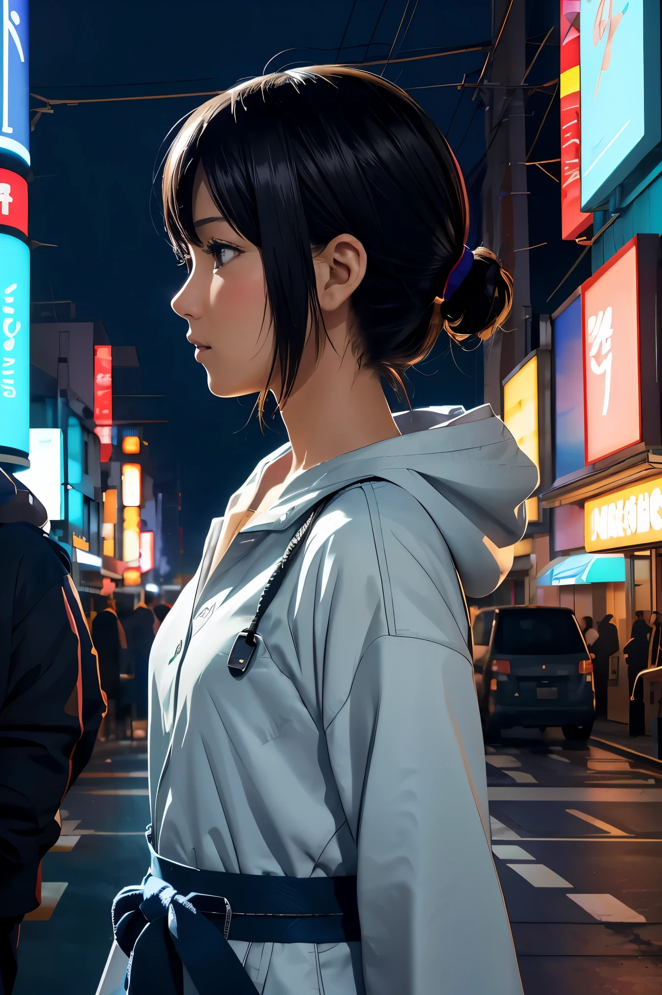 Colorful profile picture of a female character in an anime style. It has distinct characteristics from the anime Oshi no Ko. The scene takes place in a futuristic city with neon lights. The environment is exciting and adventurous. The camera settings are a digital camera with a low ISO setting. The lens is a zoom lens with a medium aperture. The character design is inspired by Japanese illustrator and animator, Akiko Stehrenberger, and photographed by Makoto Shinkai, the director of Your Name