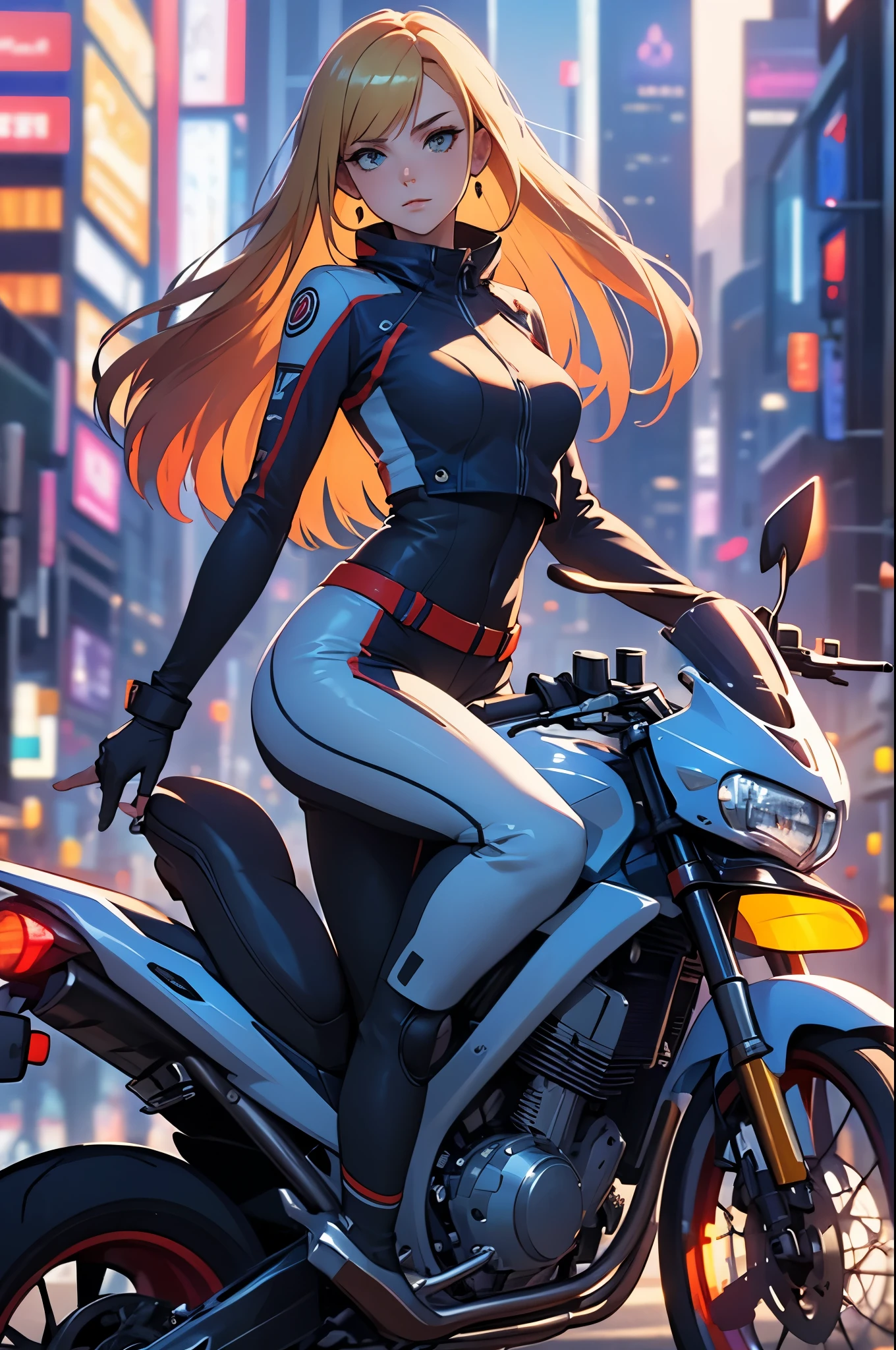 A woman takes a corner on a motorcycle, no helmet, long blonde hair flying, a beautiful woman, a lovely expression, a public road, a speedy depiction