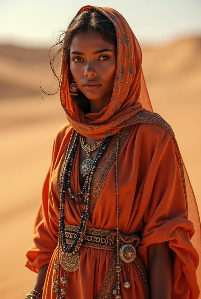 A lightly veiled ancient world woman and a leashed monitor lizard walk hunched over a desert tormented by a sandstorm. She wears a ((simple light transparent veil)) which covers her entire body as well as her face as protection against the swirling wind and the sand turning into large ocher swirls. The worn, tattered transparent veil molds her magnificent body, her face is ((white European)) obscured by part of her damaged veil which protected her. The environment is barren and desolate, with a warm, earthy color palette and a sense of oppression and decadence. The figures are stooped and tired, surrounded by the remains of an ancient, vanished civilization. The scene gives a feeling of despair and lack of humanity, with characters trapped in a world that has fallen into ruin. 
(best quality, 4k, 8k, high resolution, masterpiece: 1.2), ultra detailed, (realistic, photorealistic, photo-realistic: 1.37), HDR, UHD, studio lighting, ultra fine painting, focus sharp focus, physical rendering, extremely detailed description, professional, bright colors, bokeh,portraits, landscape, conceptual artists, warm colors,