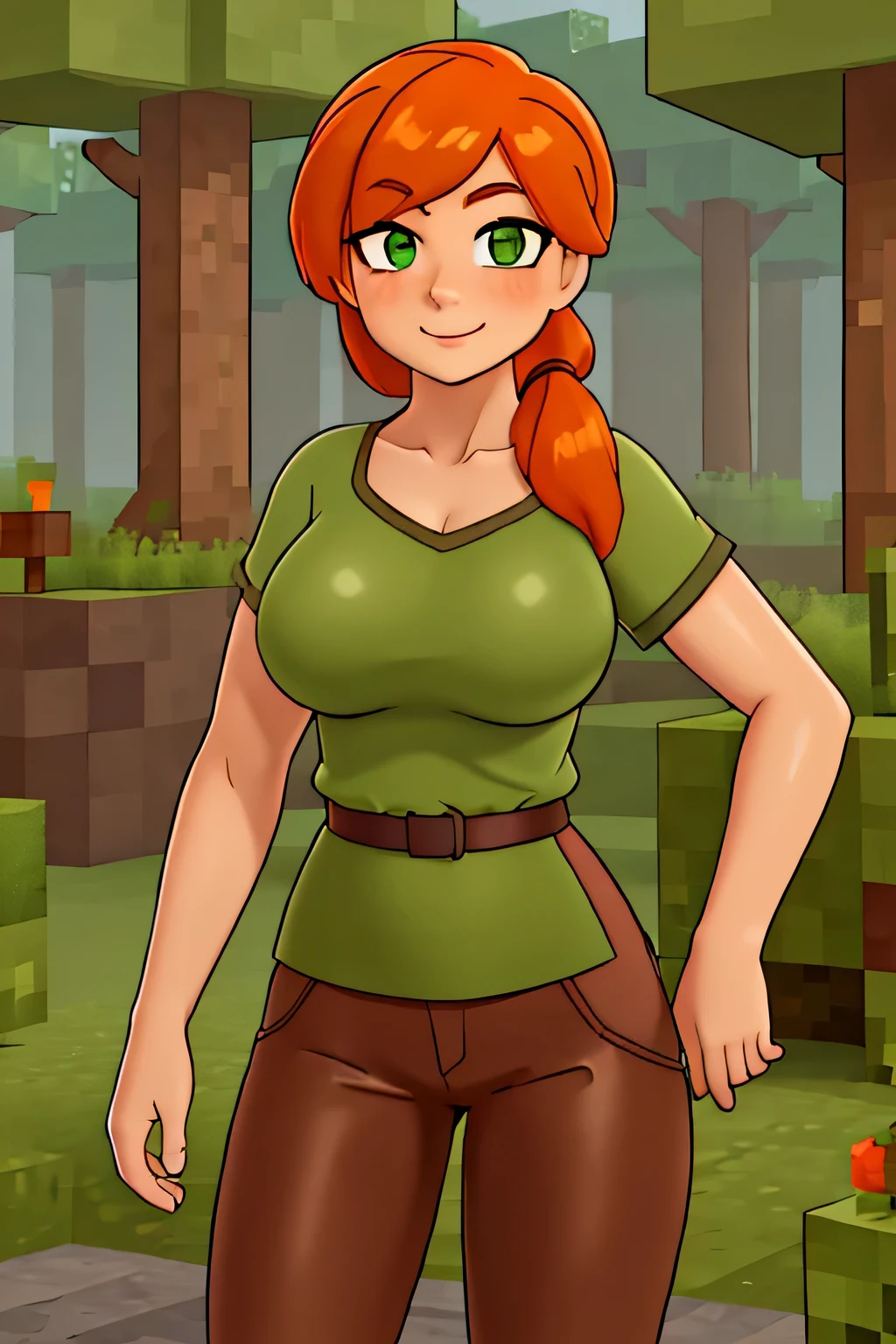 close up 1girl in, photo of Alex, Alex Minecraft, Solo, (messy orange hair, short ponytail over left shoulder, thick Ginger hair, (green eyes: 1.2), (perfect clear skin, pale skin, detailed skin, large breasts, round breasts, perfect body, skinny, thin), (thin hips, thin waist: 1.25), neutral face, mischievous smile, (wearing a green t-shirt, brown bush pants, leather belt, dark leather boots), in a forest forest, surrounded by square trees, on a square rock by a stream, Minecraft world, (realistic photo, best quality, detailed), (8k wallpaper), (cinematic lighting, beautiful light, (noon:1.3)) (sharp focus, intricate), (dslr, realistic, looking at viewer, sharp focus, delicate, soft colors, cinematic)