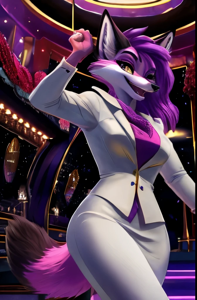 A female purple fox, purple dyed fur, gold eyes, purple hair, smiling, walking in a fancy casino, wearing an elegant white suit, wide open mocking smile, laughing, lifting her arms, doing a taunting pose, wearing a white hat, lifting her index fingers, facing to the front, from upfront perspective 