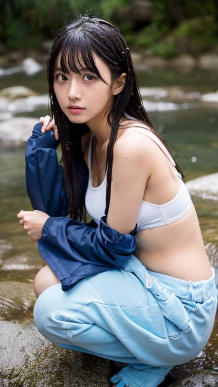 Angry girl in wet clothes, wet shirt 、 slim Japanese idol