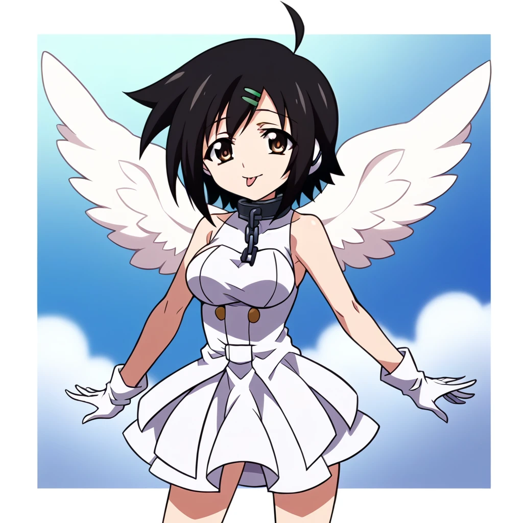 Tomoko (sora no otoshimono), metal collar, ahoge, black hair, brown eyes,hair_ clip, short hair, large breast,  genderswap, genderswap (mtf), robot ears, angel wings , white footwear,  white gloves,  white wings, wings, 	sleeveless, sleeveless dress, short dress, sora no otoshimono, Modern Anime Screencap (Style), Doll Eyes , tongue out, ikaros, A small chain connecting to the metal collar, 
