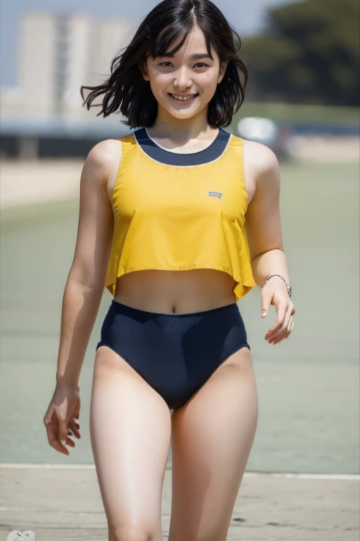 8K、Elementary school beautiful girl、A sparkling smile、Arms raised to show armpits、A darK-haired、detailed beautiful faces、Plain white gym clothes、Very short navy blue bloomers, Sunflower field、Very strong wind、Decolletage、Sit on the buttocks