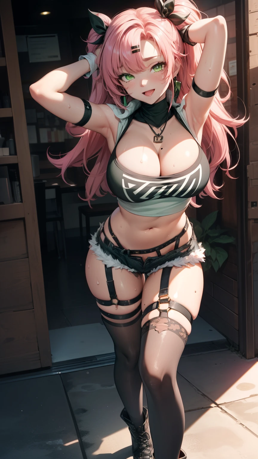 masterpiece、Best Quality、High resolution、Detailed face、(Big Breasts:1.2、Armpit、Shiny skin:1.7、sweat,shiny skin:1.5,oild skin:1.5)、((anime、anime塗り、animeカラーリング、RAW Photos))、skindentation,cleavage,nicoledemara, Nicole starts, (green eyes:1.5), pink hair, hair ornament, hair ribbon, hairclip, long hair, mole, mole on breast, mole on thigh, mole under eye, two side up, ribbon, smirk, smile, open mouth, break black footwear, black ribbon, black shorts, black socks, black thighhighs, boots, cleavage, crop top, earrings, jewelry, kneehighs, nail polish, necklace, o-ring, short shorts, shorts, single kneehigh, single sock, single thighhigh, socks, thigh strap, thighhighs, torn clothes, two side up, break looking at viewer,Lollipop Candy , break (masterpiece:1.2), best quality, high resolution, unity 8k wallpaper, (beautiful detailed eyes:1.6), extremely detailed face, perfect lighting, extremely detailed CG, (perfect hands, perfect anatomy),(anime背景、Random Pause、Random Angle)