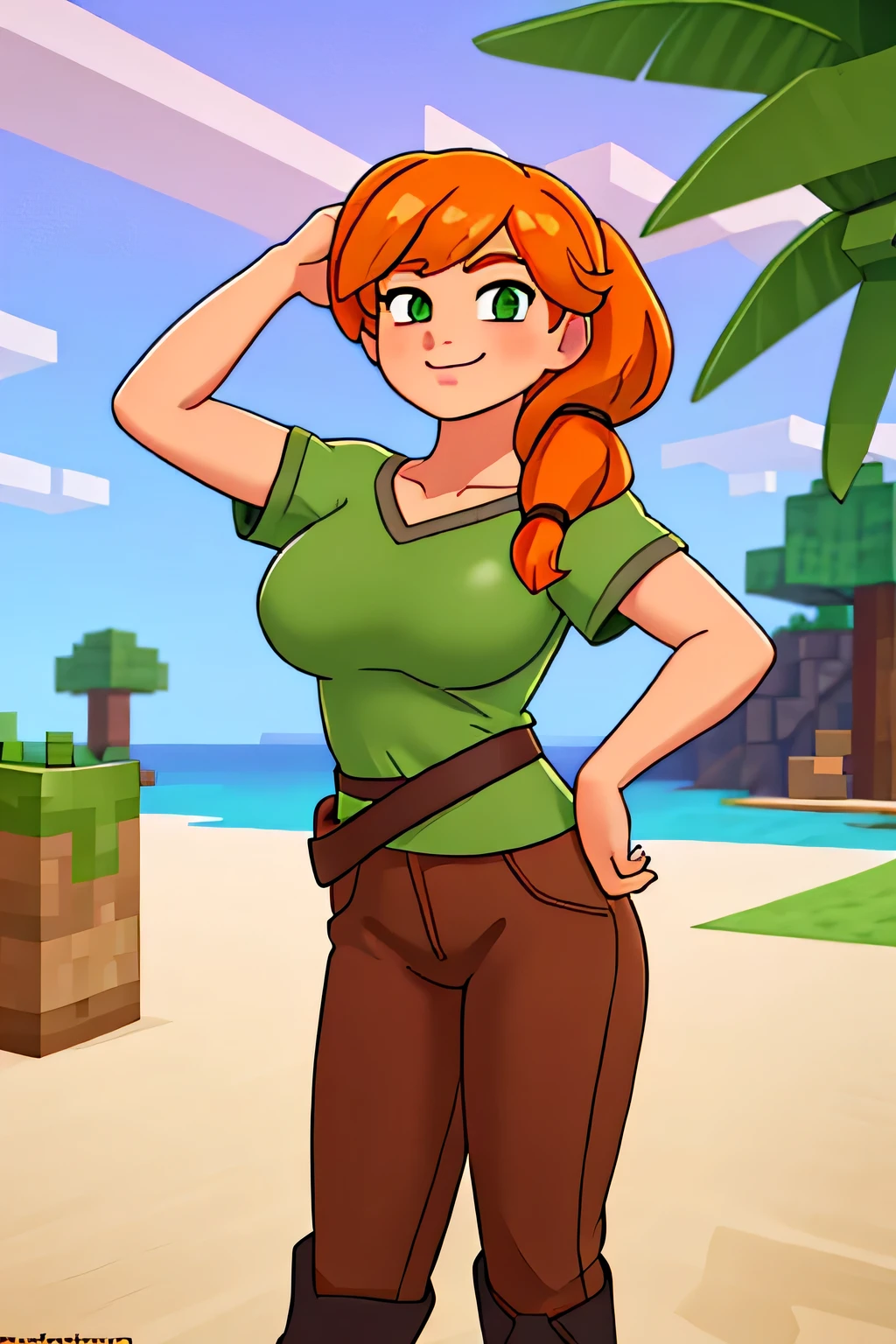 close up 1girl in, photo of Alex, Alex Minecraft, Solo, (messy orange hair, short ponytail over left shoulder, thick Ginger hair, (green eyes: 1.2), (perfect clear skin, pale skin, detailed skin, large breasts, round breasts, perfect body, skinny, thin), (thin hips, thin waist: 1.25), neutral face, mischievous smile, (wearing a green t-shirt, brown bush pants, leather belt, dark leather boots), A tropical beach scene at sunset with a vibrant palette of colors, A row of palm trees lines the beach, their silhouettes adding contrast to the bright colors of the sky, Minecraft world, (realistic photo, best quality, detailed), (8k wallpaper), (cinematic lighting, beautiful light, (noon:1.3)) (sharp focus, intricate), (dslr, realistic, looking at viewer, sharp focus, delicate, soft colors, cinematic)