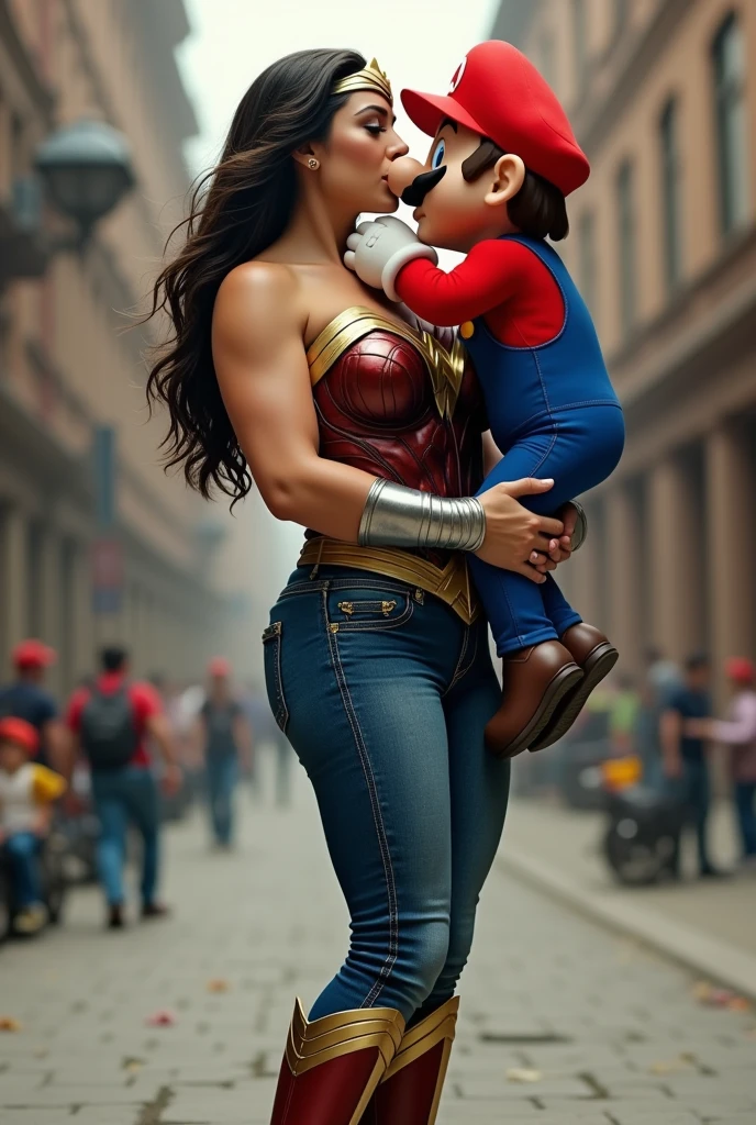  with red hoodie, headphones, rocket boots, & wonder woman (Big tits & perfect body), Busty, fighting, power, fiction, full body, 2 persons, magic lasso, hight, fall, fire in boots, poweful spells, realistic, gun, flying in the sky, love, passion, kissing, Romance, kiss on the mouth, tongue kiss, kiss on the breasts, city, happy, blue sky, Sitting on her legs, passionate