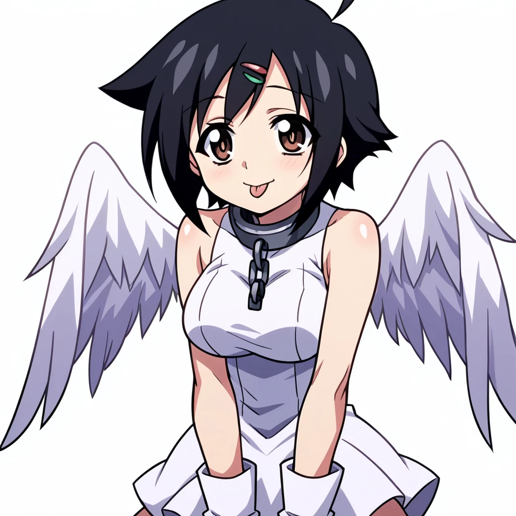 Tomoko (sora no otoshimono), metal collar, ahoge, black hair, brown eyes,hair_ clip, short hair, large breast,  genderswap, genderswap (mtf), robot ears, angel wings , white footwear,  white gloves,  white wings, wings, 	sleeveless, sleeveless dress, short dress, sora no otoshimono, Modern Anime Screencap (Style), Doll Eyes , tongue out, ikaros, A small chain connecting to the metal collar, 
