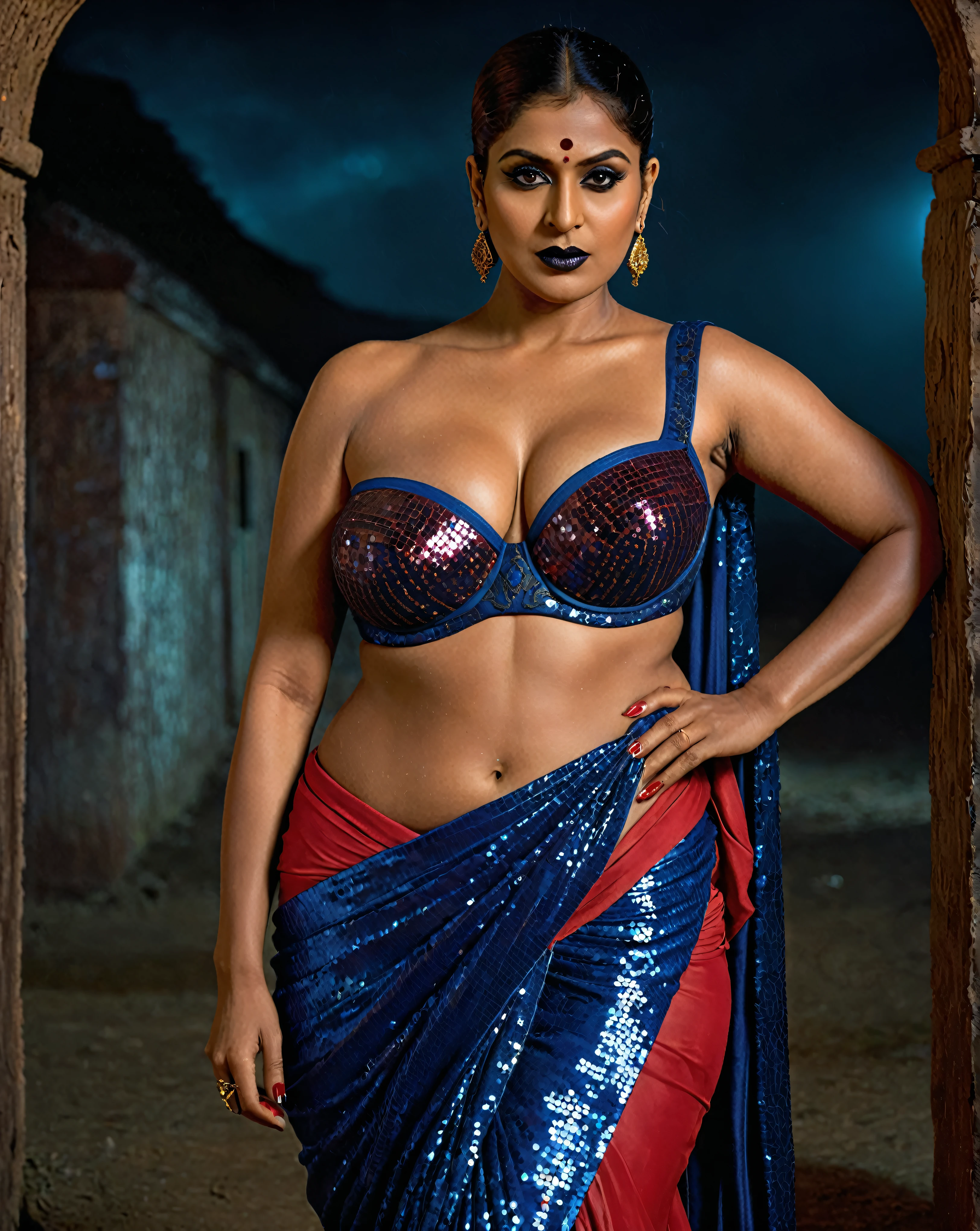 Looks like Nayanthara, full body Closeup shot, Big chubby aunty, milf, cougar lady witch, horny Gothic milf, 70 years old gorgeous mature lady, pervert demoness, demoness of lust, curvy, black lips, horny face, extremely gorgeous, thick figure, heavy physique, voluptuous, demoness mommy, curvy, sexy figure, Fashionable portrait of androgynous alien looking witch, glowing eyes, futuristic design, minimal details, givenchy, photoreal, 200mm, hd, f/ 2.0, highly detailed, surreal, sexy beautiful evil woman, sexy bold sequin Saree with strapless Bra, chudail, Pishachini, horror genre, blood-thirsty enchantress, powerful female spirit, eerie, drop dead, in the style of red and blue, (intricate details, hyperdetailed:1.15) (skin texture:1.2), dark Moody tone, cinematic lighting, haunted place in background, hot Amma, hot aunty, hot bhabi, hot Chachi, heavy figure, fleshy figure, heavy and saggy breast, spicy hot woman, evil goddess, juicy thick Belly, curvy, erotic fantasy, fantasy character, provoking sense of desire,