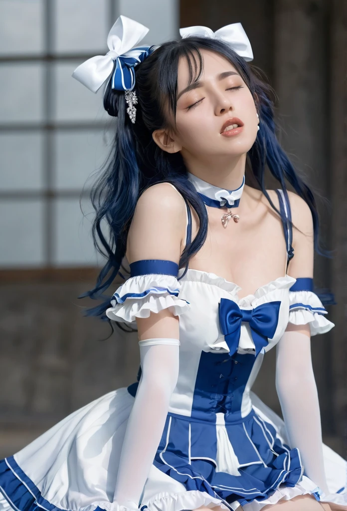 (She is suffering from being bitten on the arm by a man:1.5)、Cure White,hair ribbon,Chest ribbon,big ribbon, mini skirt, white choker, thigh straps, elbow gloves, heart brooch,Heart Earrings,detailed hair and outfit, long flowing dark blue hair, white and blue frilly dress, white gloves and boots, blushing, feeling pain, suffering from arm being bitten by enemy, dynamic and intense scene, background with sound waves, eyes closed, masterpiece, best quality, highly detailed background, perfect lighting, (beautiful, best quality: 1.1), masterpiece, perfect eyes, (beautiful), (erotic: 1.2)