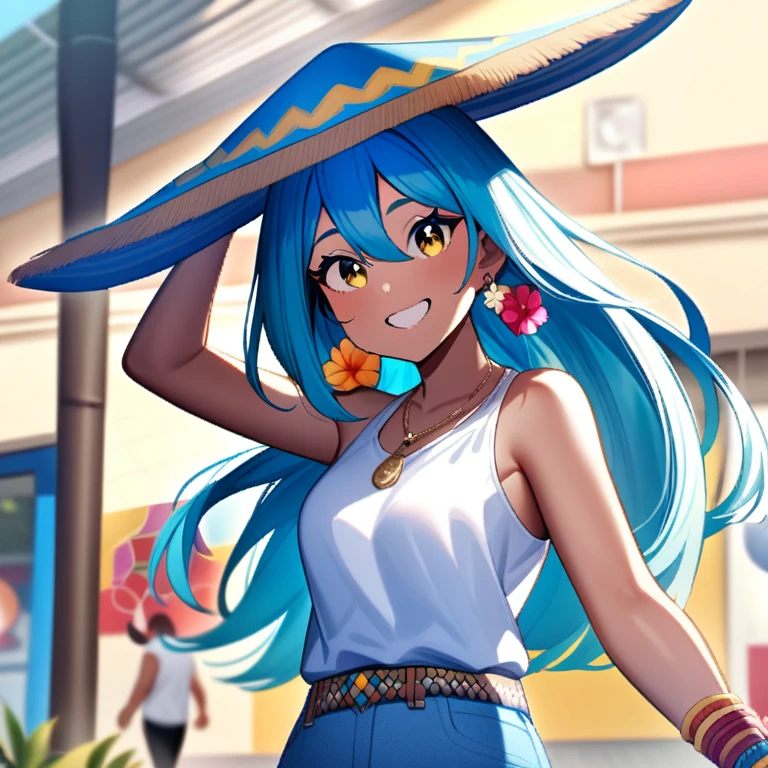 A cheerful version of Hatsune Miku is set in an urban setting in El Salvador, perhaps in a colorful market or a park. Her long blue hair, with white locks, falls freely, shining under the sun. Miku has warm skin tone, reflecting its connection to local culture.

She wears a blue and white sleeveless top, showing the colors of the flag of El Salvador, Combined with a short denim skirt that highlights her modern and youthful style. Smile with a friendly expression, while a palm hat decorated with native flowers rests on his head. On her ankle she wears a colorful handmade anklet, and a decorative belt with traditional patterns.

Accessories like thread bracelets, Flower-shaped earrings and a necklace with an izote flower pendant complement her look. The background is full of life, Showing colorful murals depicting Salvadoran culture, with a festive atmosphere that highlights the joy and energy of the city.
