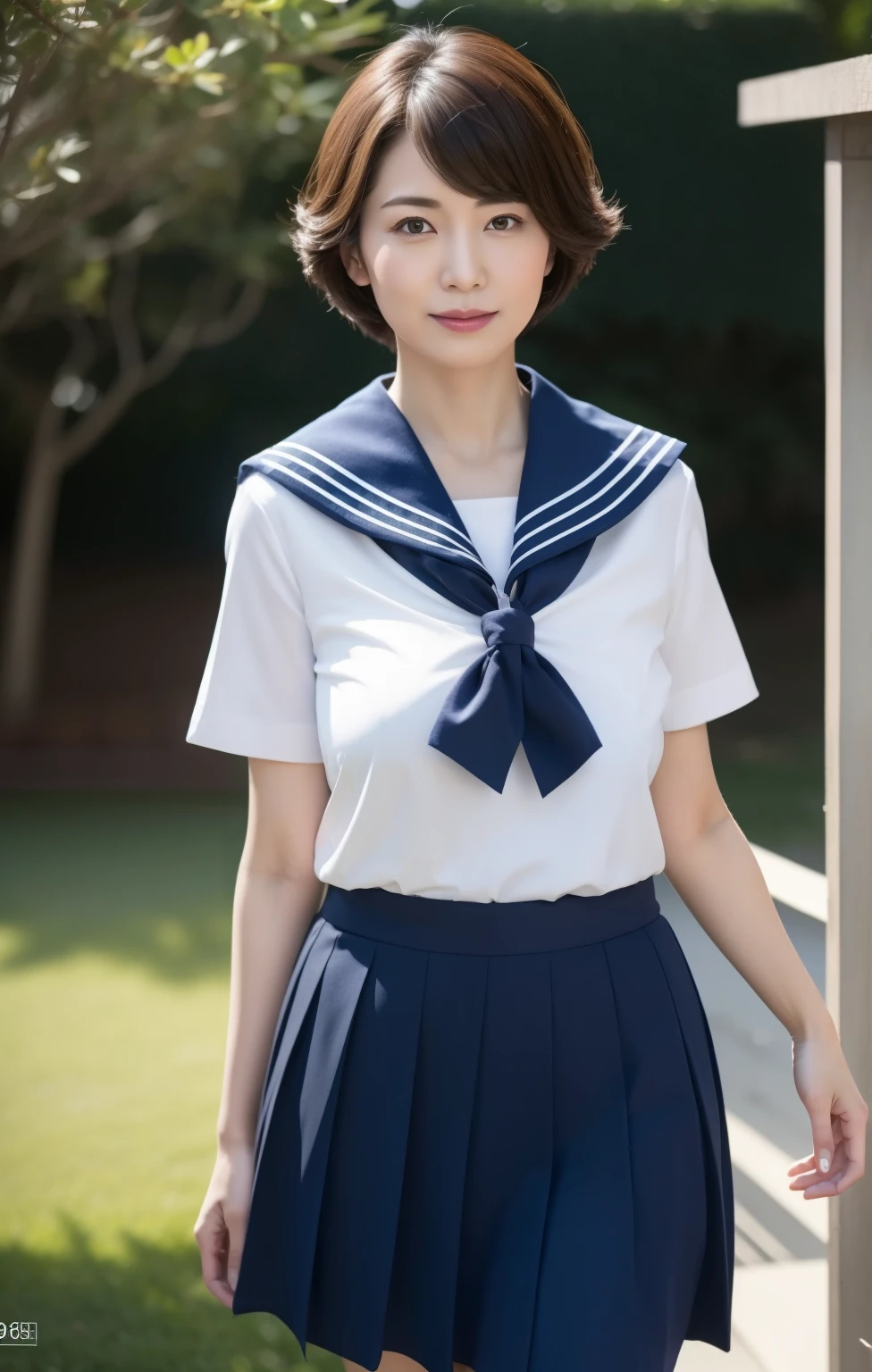 Neat and clean girl、(student clothes、a sailor suit、Ribbon knot at chest、summer clothing、The upper body is white、The skirt is dark blue)、Outside the field、(Slimed)、Photorealsitic、detaileds, Skin Texture, ultra-detailliert、Delicate and sexy collarbone、A smile、Super Detailed Face、Detailed lips、A detailed eye、tiny chest、Smaller chest、small tit、Small、flat breast、Chest emphasis、Bright face、((is standing、Schoolgirl Uniform、White panties are visible from the skirt、Sheer white shirt、Navy blue ribbon at the collar、Dark blue pleated micro mini、slightly lift the hem of the skirt with both hands,,,,,,,,,,,,,,))、(Baby f face:1.3)、 ((short-hair)),