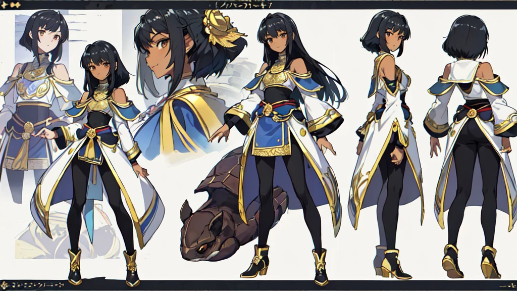 (anime-character-poster-with-four-different-expressions-of-them a-english-text-title-says-' BASTET ') masterpiece, 1girl, gold ankh halo, school uniform, brown skin, short hair, bob cut, cat ears, cat tail, blue eues. jewelry, gold wristbands, pharaoh, proud, hands on waist, :3, looking at viewer, <lora:BAProfilesXL-EN-01:0.7>