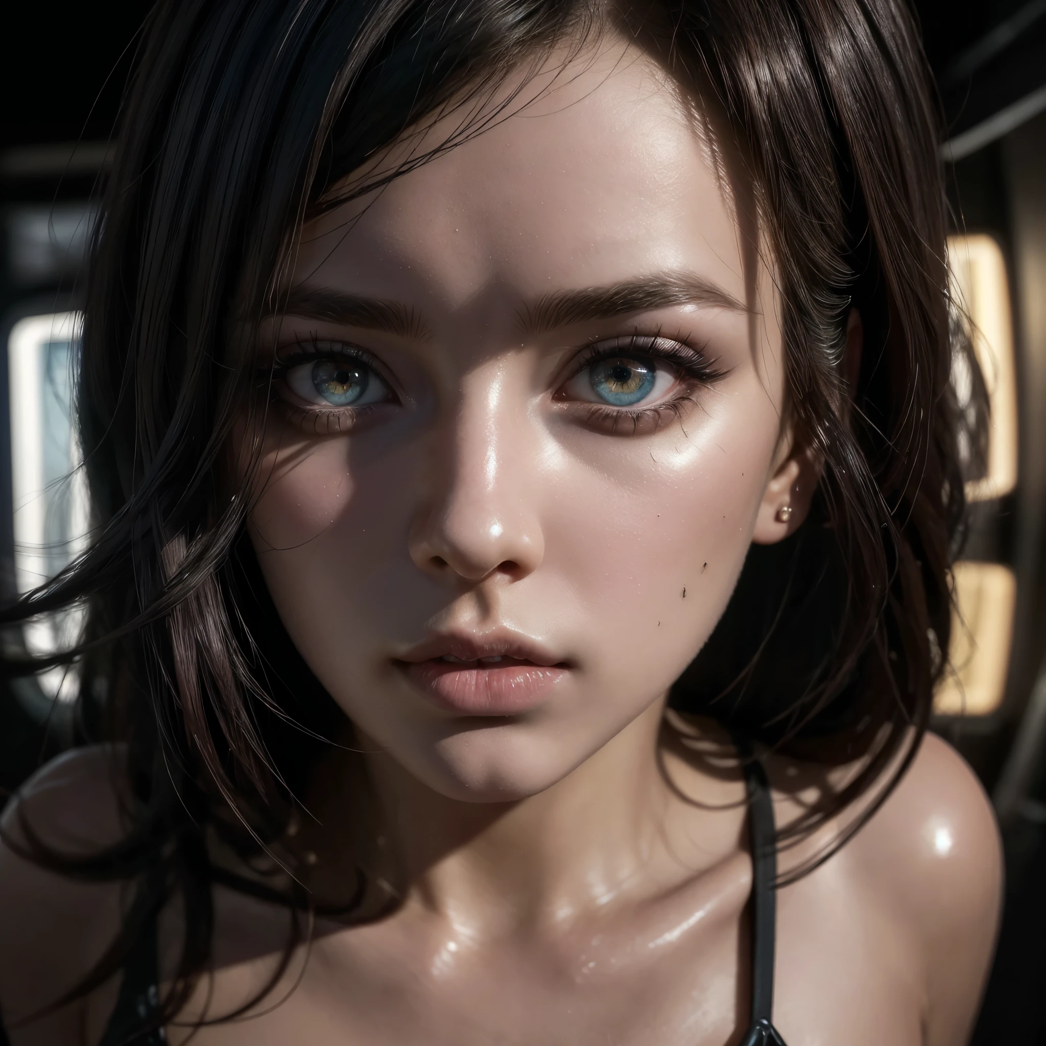 long haired girl solo with white skin Photorealistic wearing sexy cleavage, soft smile, highly detailed, intricate detail, raw photo, lifelike rendering, immersive atmosphere, chiaroscuro, moody lighting, candaceowens