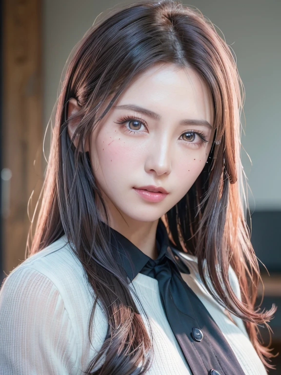 8K, RAW photo, best quality,masterpiece:1.2),(realistic, photo-realistic:1.4),(extremely detailed 8K wallpaper),One woman,Beautiful Face,cinematic lighting,Upper Body,Collared shirt,Exposed cleavage,Sharp Face,(from above:1.3,(long hair:1.4),Sexy face,