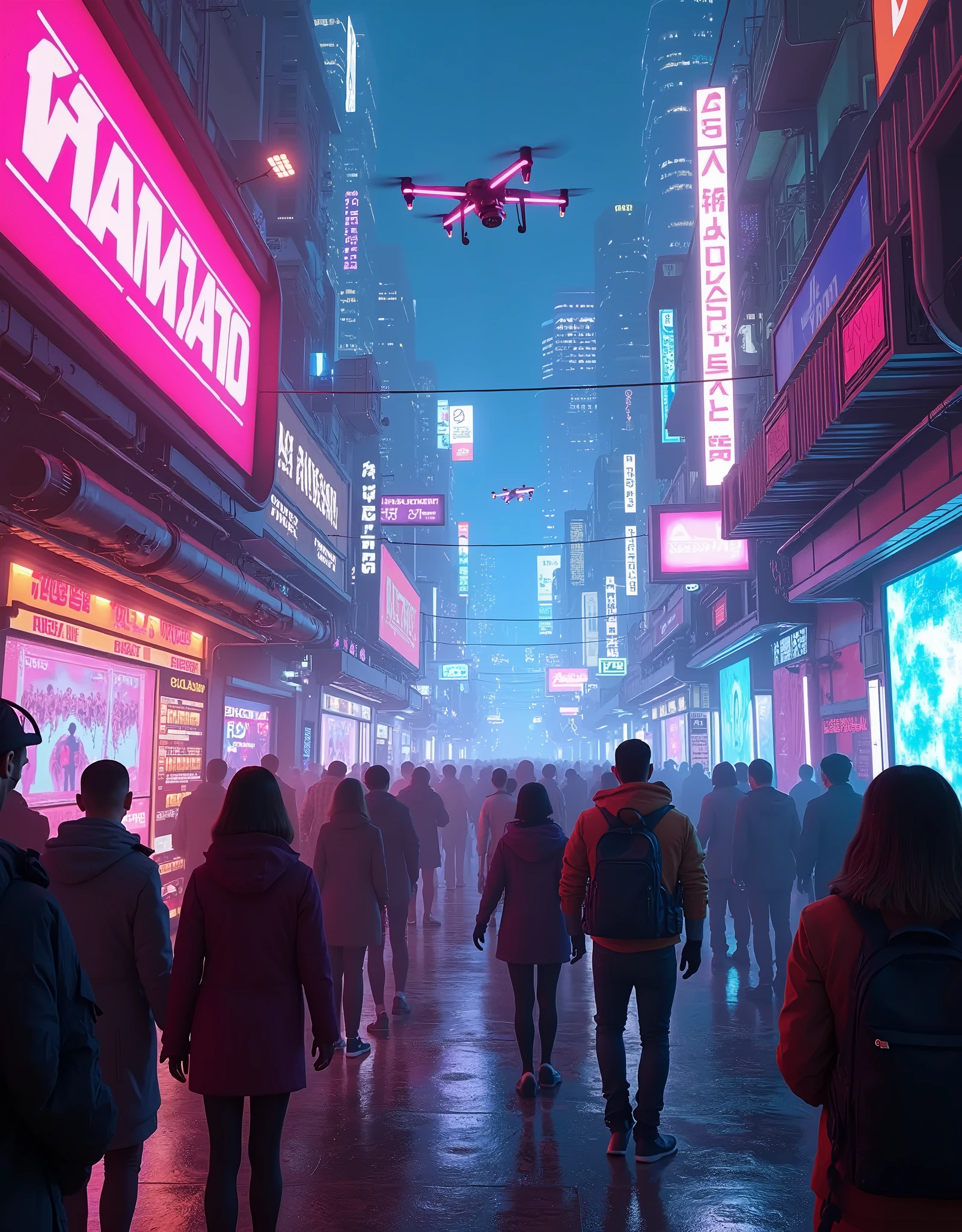 Technological City, flying cars, bright lights, various colors, people walking