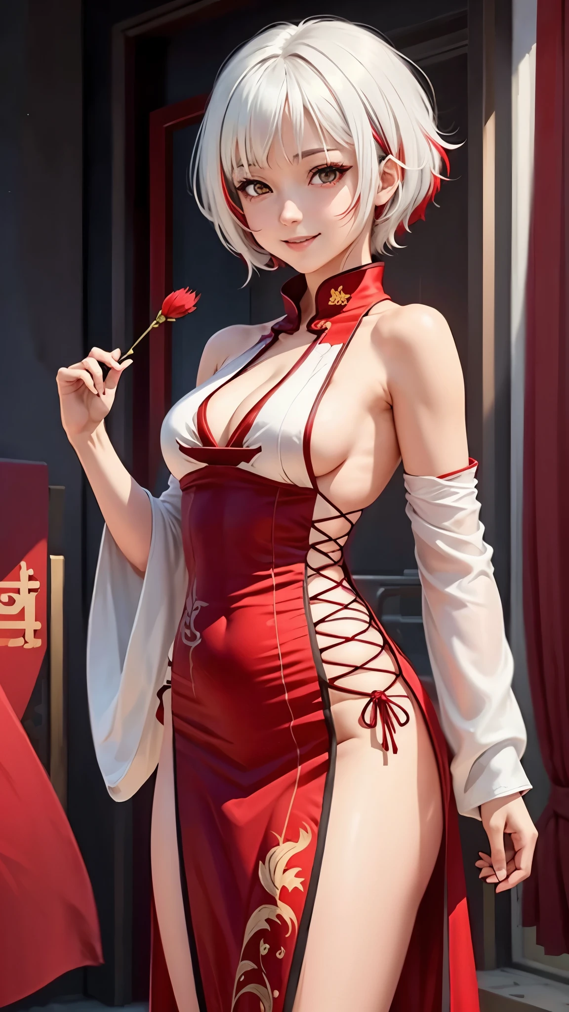 (looking at viewer:1.1),Smile,solo,slim,
<lora:(ç¢§èèªç·)æ½ä½©ä¼¯çµå°è»é¢¨æ ¼.admiral_graf_spee_azurlane:1>,
(admiral_graf_spee_azurlane:1.15),(blue_eyes:1.1),multicolored_hair,short_hair,(grey_hair),bangs,blush,sidelocks,red_hair,(large breasts:1.1),
(embarrassed and blush),(red_scarf,cross:1.2),
<lora:[æè£]èå.TWGirlInRedDudou:0.6>,
(Girl_in_red_dudou:1.3),wear red Chinese style one-piece cloth,sleeveless and backless,cover the breast completely,off-the-shoulder,(pelvic_curtain:1.3),sideboob,cleavage,
indoors,