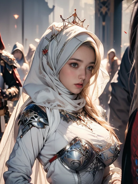 Princess, ((((Wearing the hijab)))), full armor with luxury pattern, Crown Luxury , blue eyes, Blonde, Around , (Red and silver hijab), masterpiece，The best quality at its best，High resolution，8k，((Portraiture))，(Upper Body)，Original photo，Actual photo，Digital photography，(Female Princess in the medieval fantasy style)，(Medieval Princess in fantasy style), virgin Princess ，blue eyes， Super huge breasts, Extravagant decoration of  breasts plate armor，Lips parted，Make your lips look more attractive and glamorous，((Blushing))，Contempt for Virgins，calm and beautyfull ，(Medieval Fantasy Dress，Beautiful armor breasts, Narrow waist, perfect colossal breast of Princess body, oc rendering reflection texture, luxury  breasts armor , Medieval castle background, 