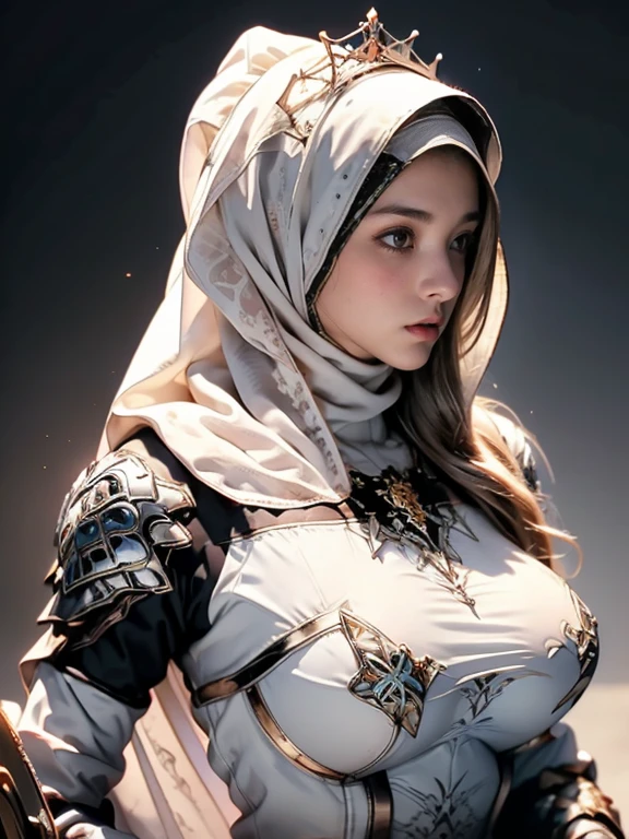 Princess, ((((Wearing the hijab)))), full armor with luxury pattern, Crown Luxury , blue eyes, Blonde, Around , (Red and silver hijab), masterpiece，The best quality at its best，High resolution，8k，((Portraiture))，(Upper Body)，Original photo，Actual photo，Digital photography，(Female Princess in the medieval fantasy style)，(Medieval Princess in fantasy style), virgin Princess ，blue eyes， Super huge breasts, Extravagant decoration of  breasts plate armor，Lips parted，Make your lips look more attractive and glamorous，((Blushing))，Contempt for Virgins，calm and beautyfull ，(Medieval Fantasy Dress，Beautiful armor breasts, Narrow waist, perfect colossal breast of Princess body, oc rendering reflection texture, luxury  breasts armor , Medieval castle background, 