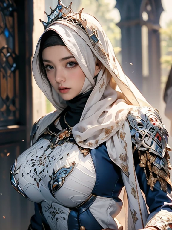 Princess, ((((Wearing the hijab)))), full armor with luxury pattern, Crown Luxury , blue eyes, Blonde, Around , (Red and silver hijab), masterpiece，The best quality at its best，High resolution，8k，((Portraiture))，(Upper Body)，Original photo，Actual photo，Digital photography，(Female Princess in the medieval fantasy style)，(Medieval Princess in fantasy style), virgin Princess ，blue eyes， Super huge breasts, Extravagant decoration of  breasts plate armor，Lips parted，Make your lips look more attractive and glamorous，((Blushing))，Contempt for Virgins，calm and beautyfull ，(Medieval Fantasy Dress，Beautiful armor breasts, Narrow waist, perfect colossal breast of Princess body, oc rendering reflection texture, luxury  breasts armor , Medieval castle background, 