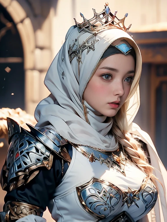 Princess, ((((Wearing the hijab)))), full armor with luxury pattern, Crown Luxury , blue eyes, Blonde, Around , (Red and silver hijab), masterpiece，The best quality at its best，High resolution，8k，((Portraiture))，(Upper Body)，Original photo，Actual photo，Digital photography，(Female Princess in the medieval fantasy style)，(Medieval Princess in fantasy style), virgin Princess ，blue eyes， Small breasts, Extravagant decoration of  breasts plate armor，Lips parted，Make your lips look more attractive and glamorous，((Blushing))，Contempt for Virgins，calm and beautyfull ，(Medieval Fantasy Dress，Beautiful armor breasts, Narrow waist, perfect colossal breast of Princess body, oc rendering reflection texture, luxury  breasts armor , Medieval castle background, 