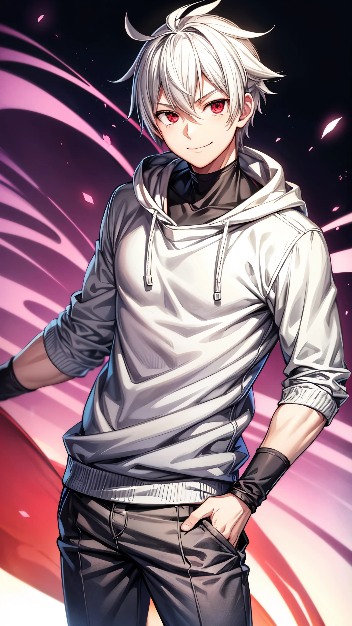 A boy with white hair, fair skin, purple eyes and fox ears and tail, wearing a white sweatshirt and black pants